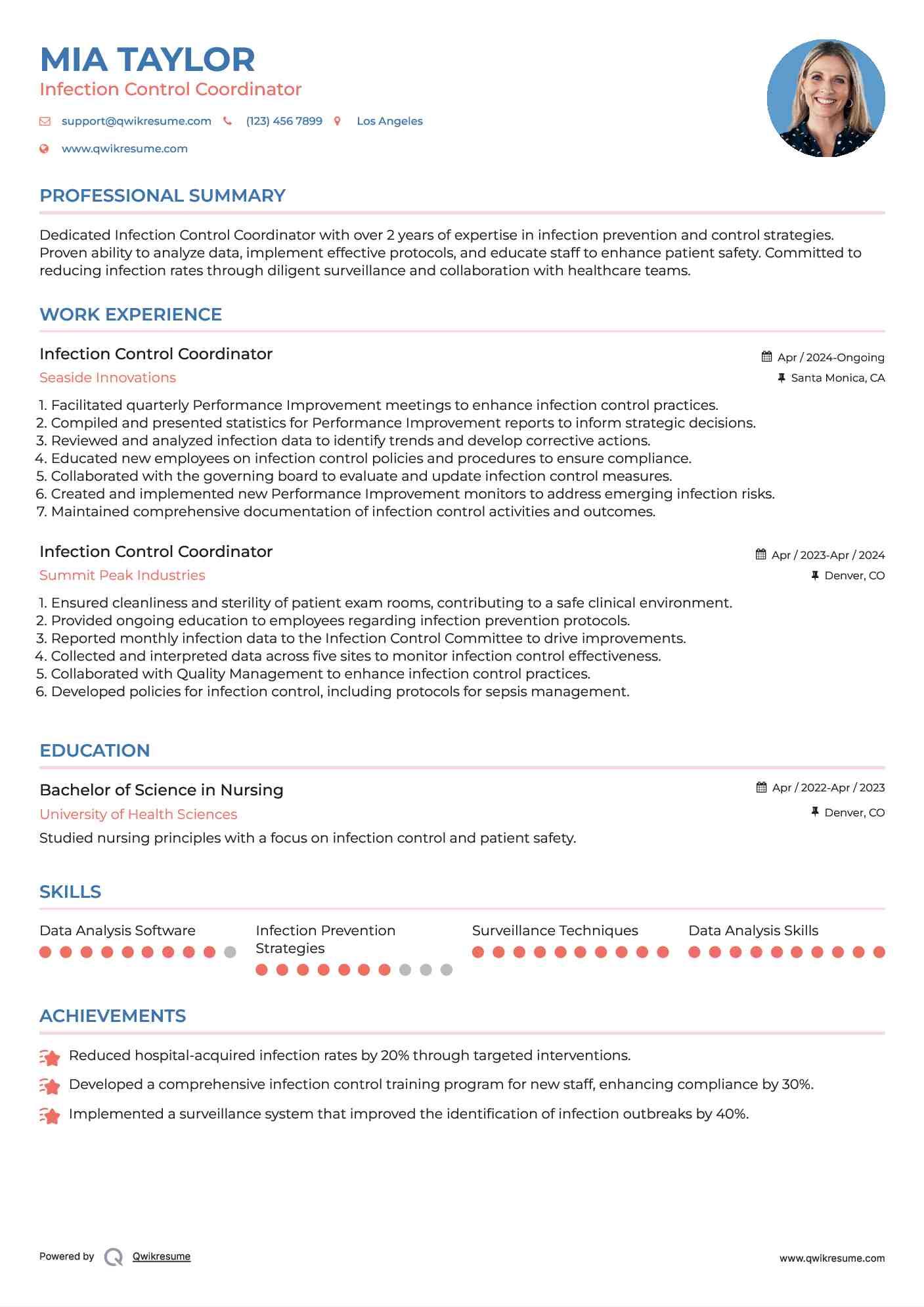 Infection Control Coordinator Resume Sample