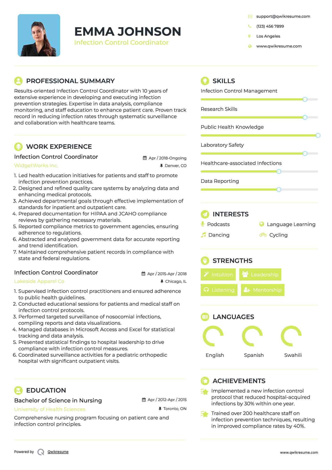 Infection Control Coordinator Resume Template