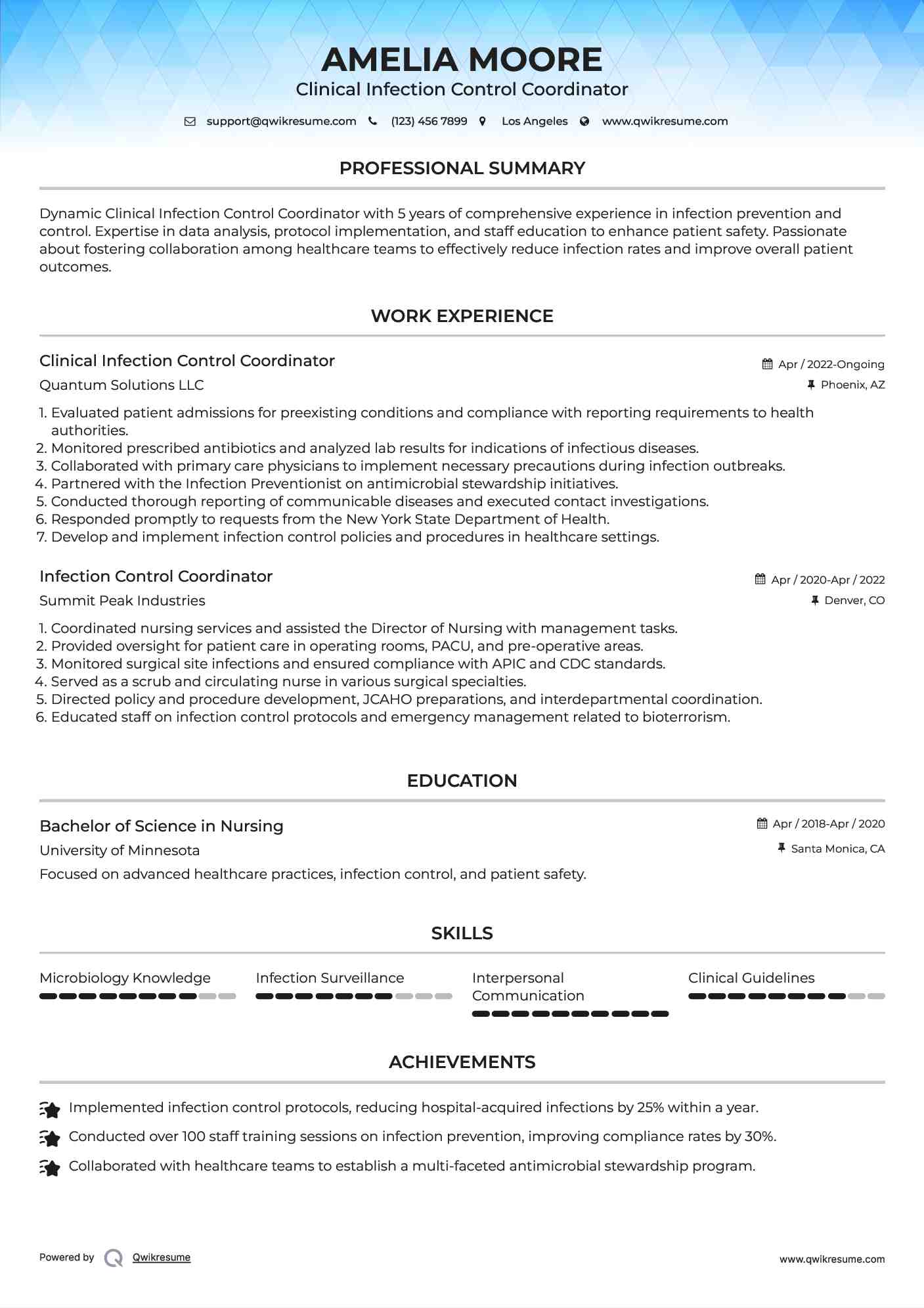 Clinical Infection Control Coordinator Resume Template