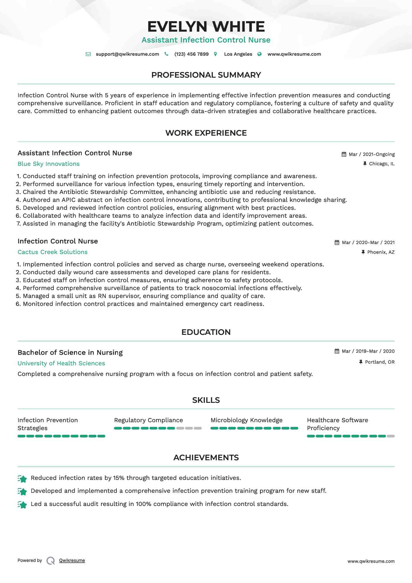 Assistant Infection Control Nurse Resume Example