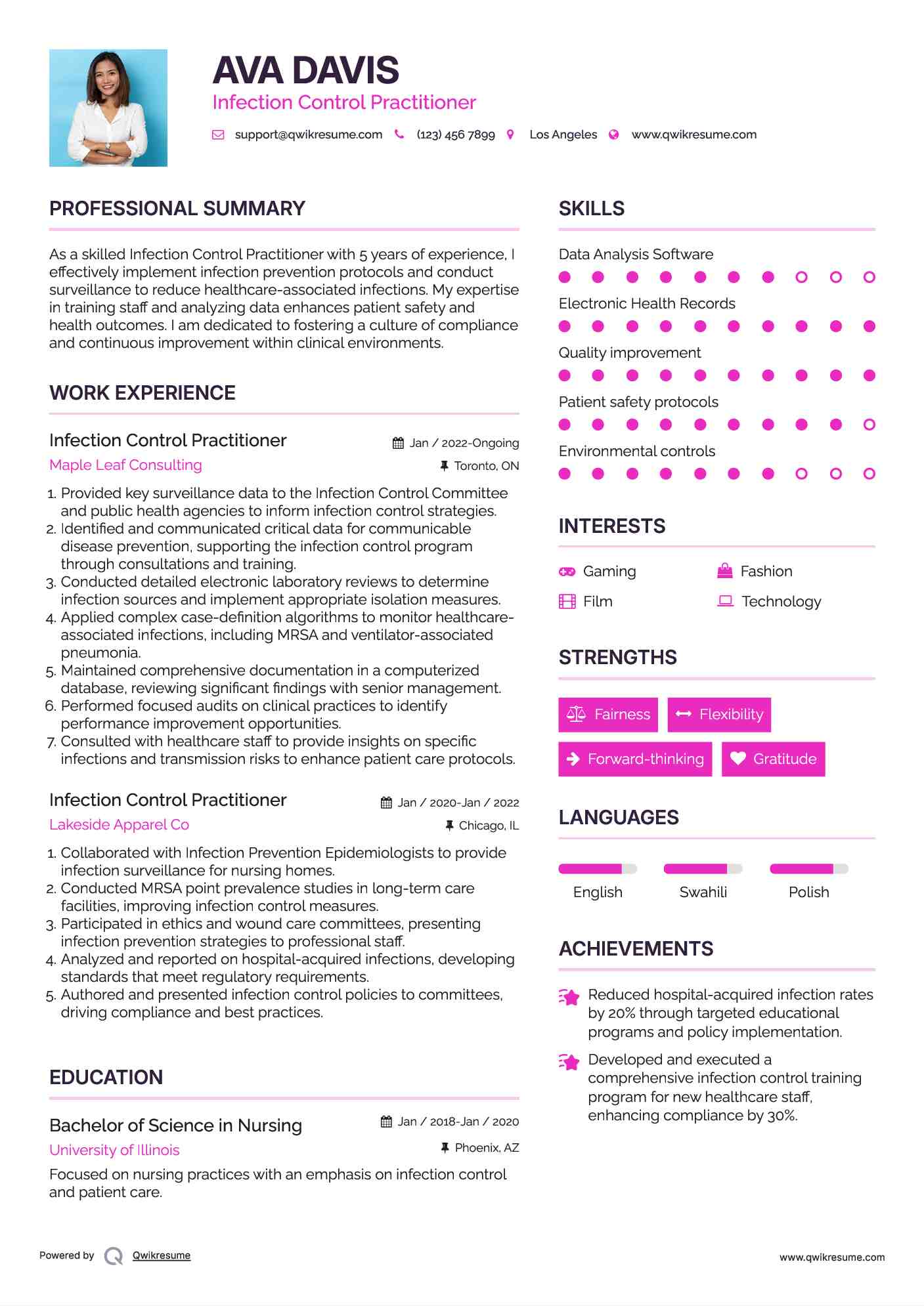Infection Control Practitioner Resume Example