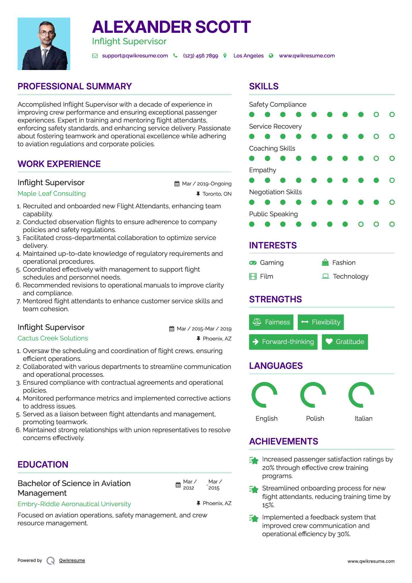 Inflight Supervisor Resume Model