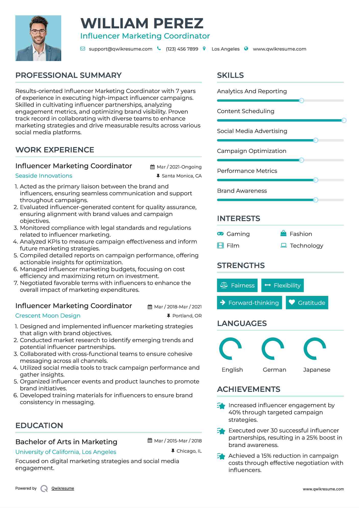 Influencer Marketing Coordinator Resume Sample