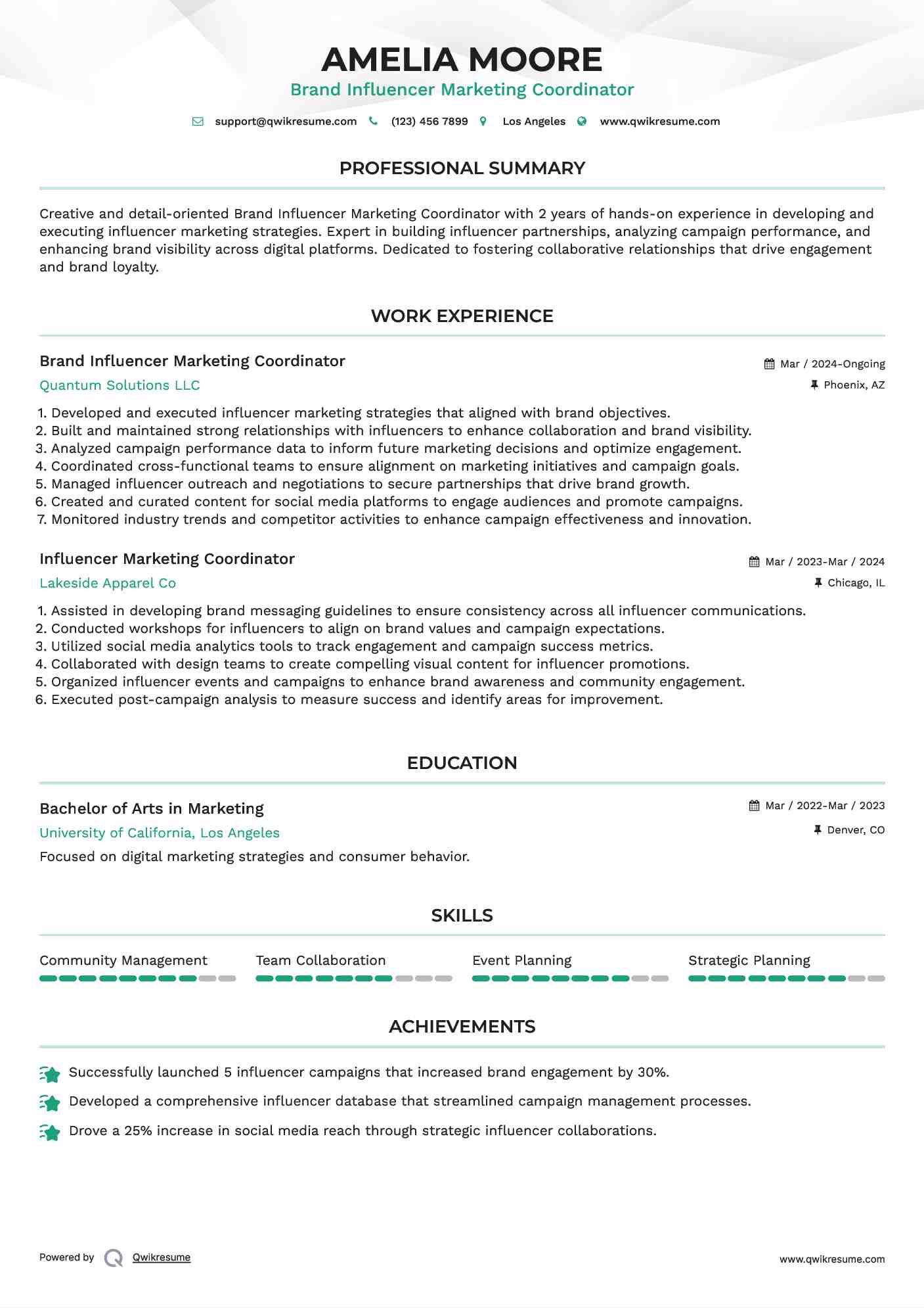 Brand Influencer Marketing Coordinator Resume Example