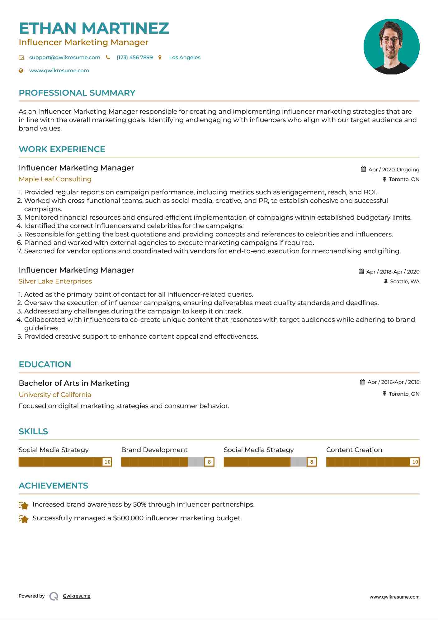 Influencer Marketing Manager Resume Format