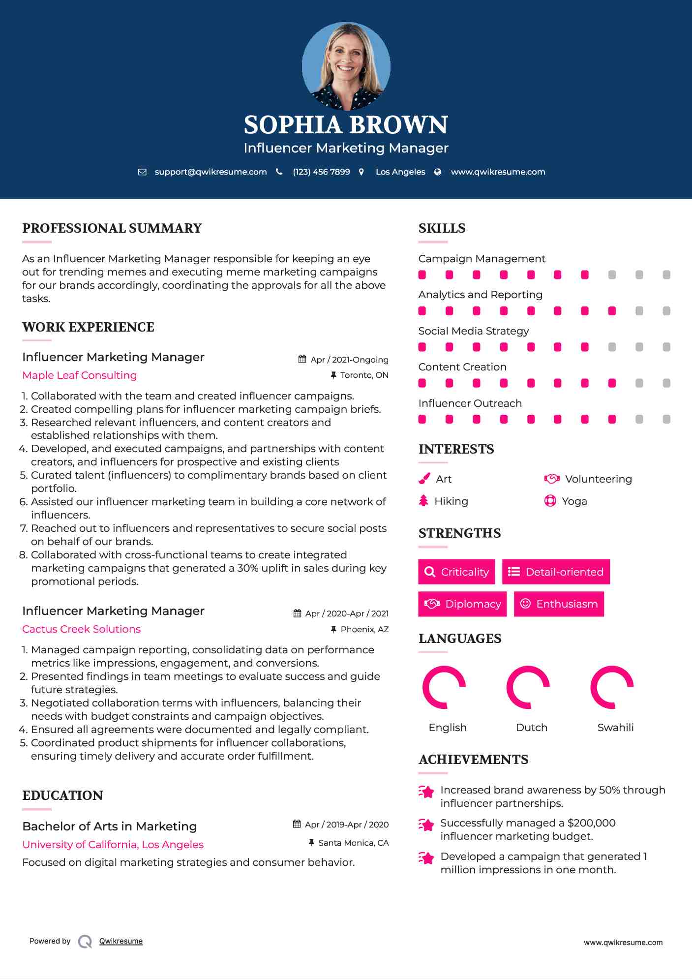 Influencer Marketing Manager Resume Sample