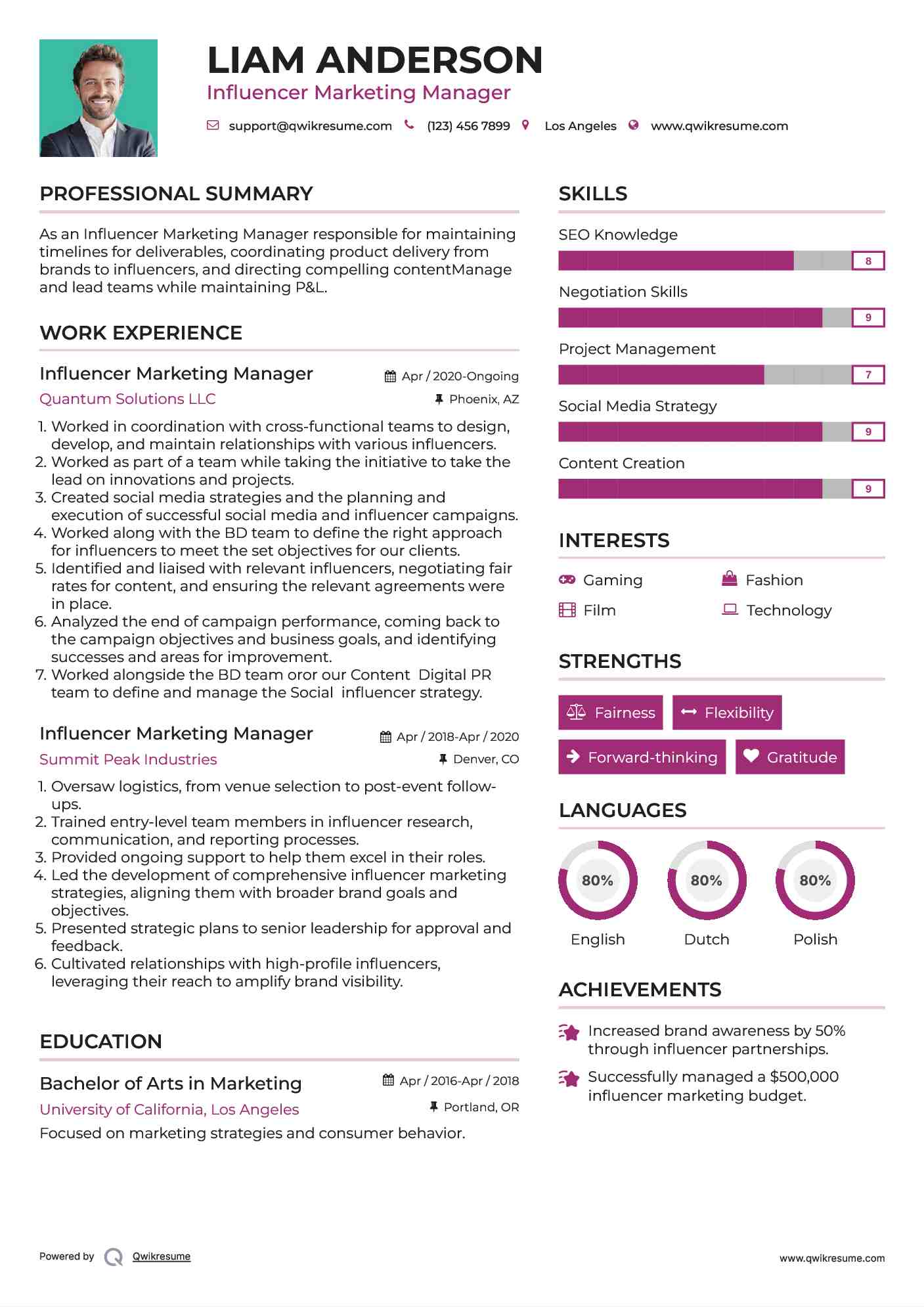Influencer Marketing Manager Resume Sample