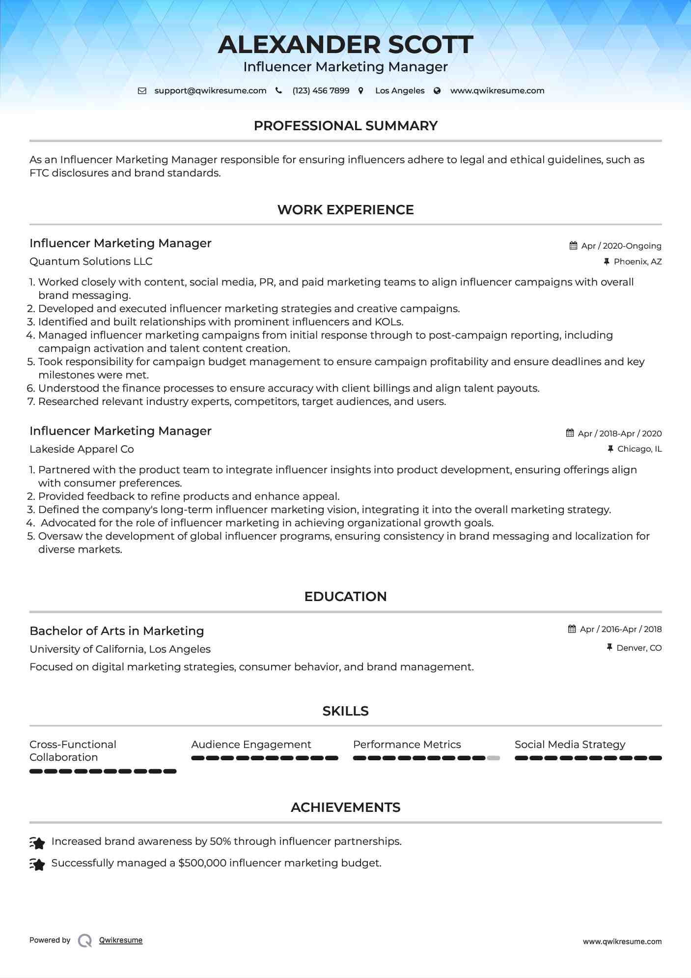 Influencer Marketing Manager Resume Format