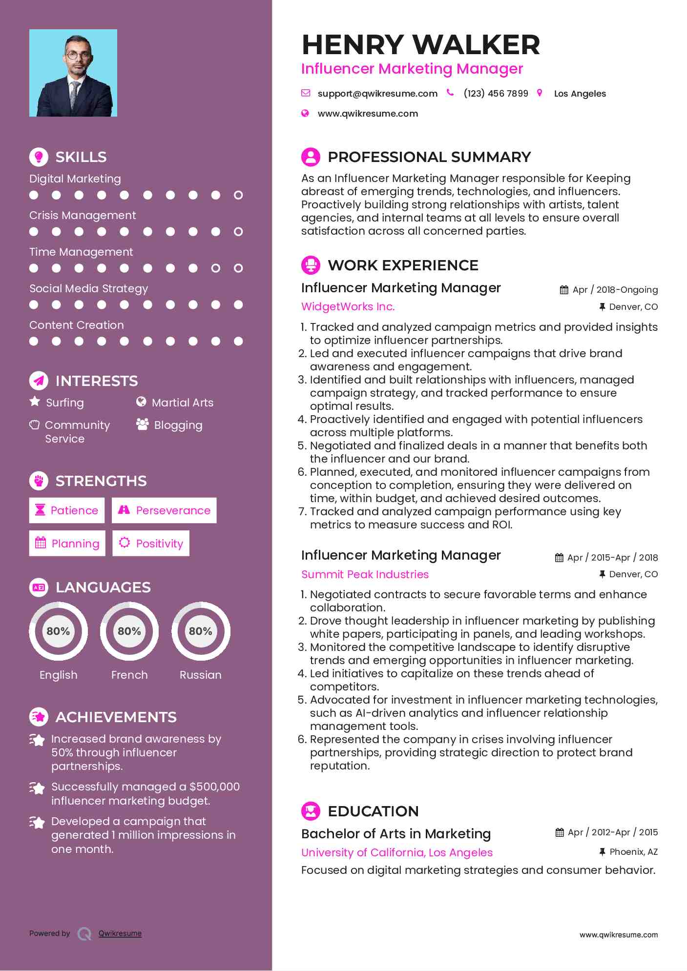 Influencer Marketing Manager Resume Sample