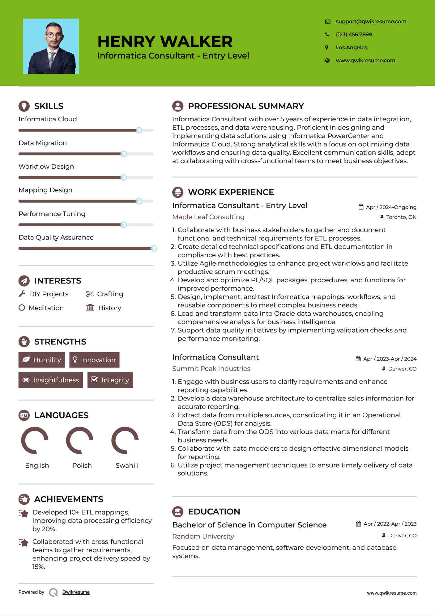 Informatica Consultant - Entry Level Resume Format