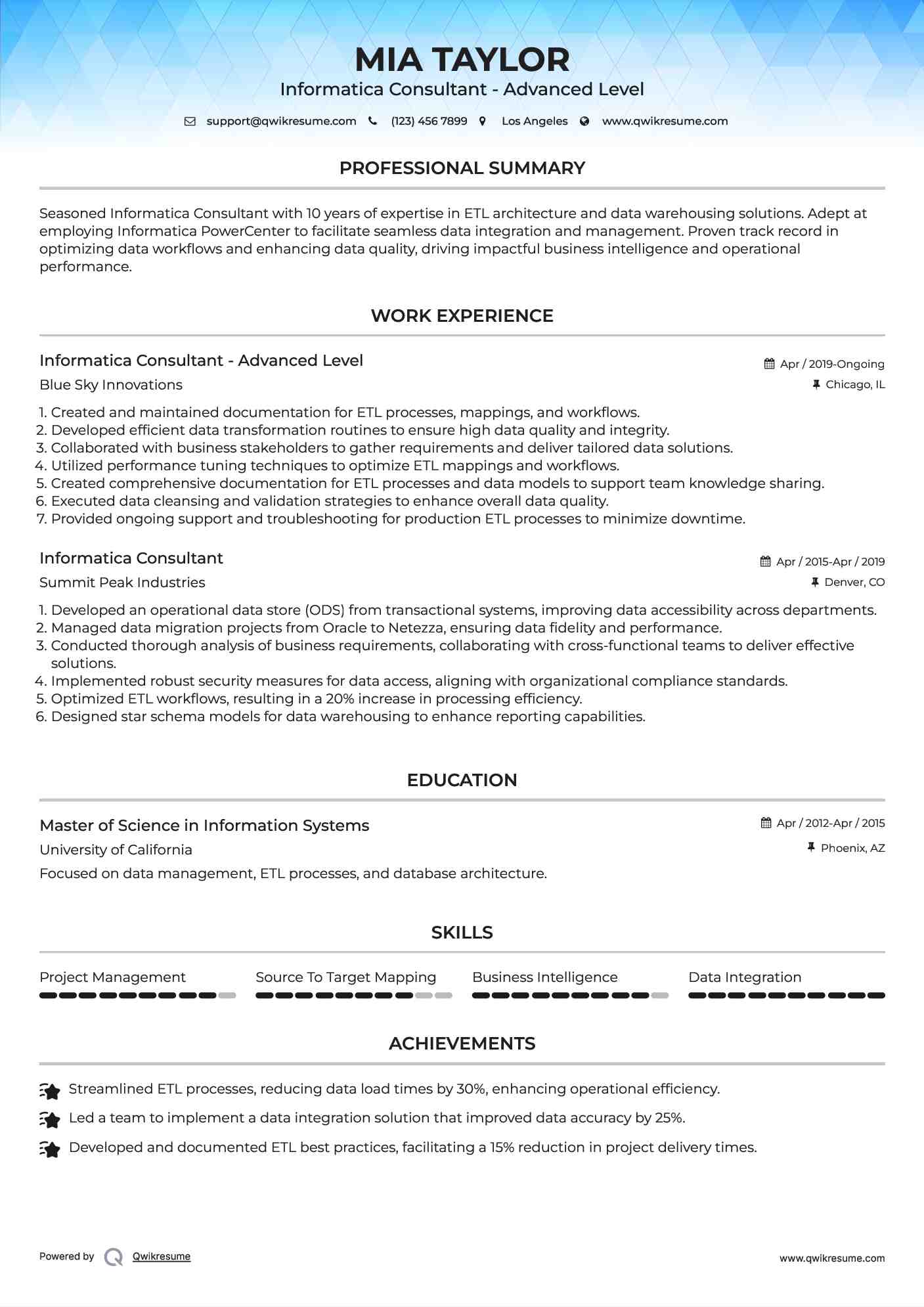 Informatica Consultant - Advanced Level Resume Example