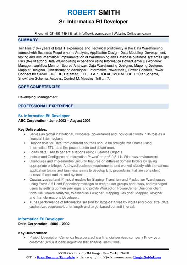 Informatica ETL Developer Resume Samples QwikResume