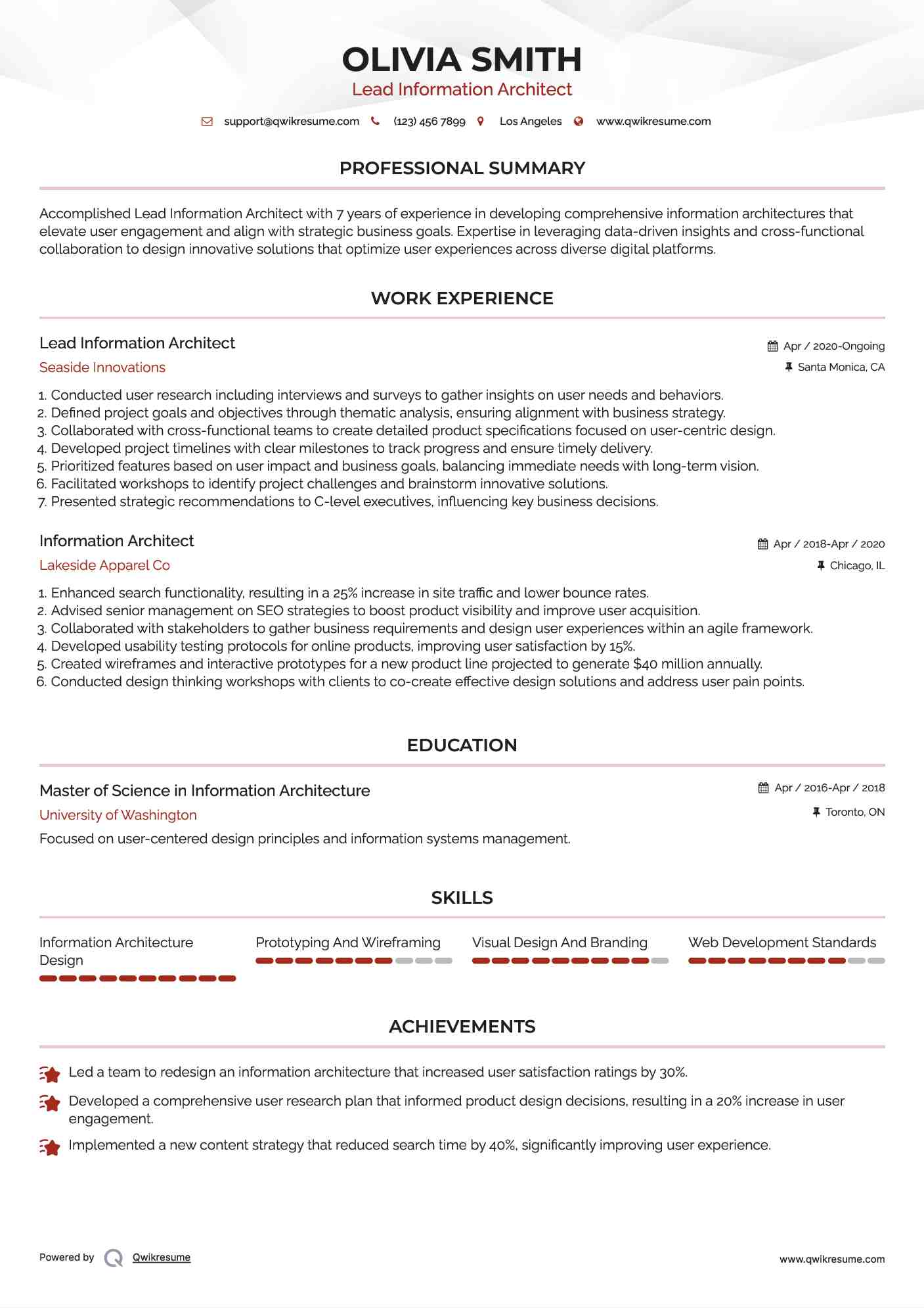 Lead Information Architect Resume Model