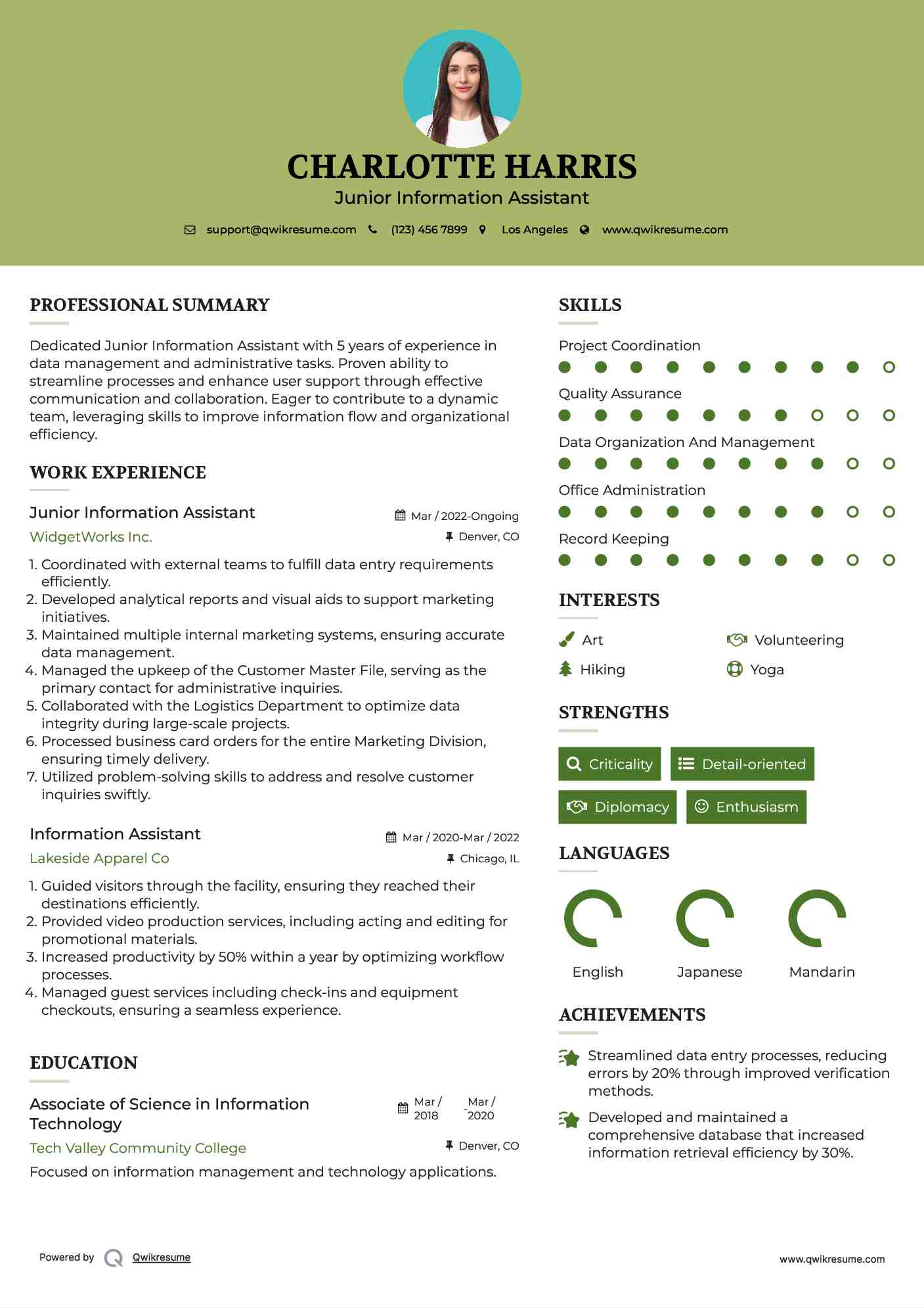 Junior Information Assistant Resume Format