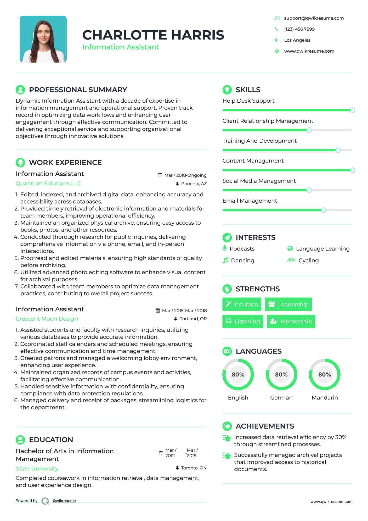 Information Assistant Resume Example