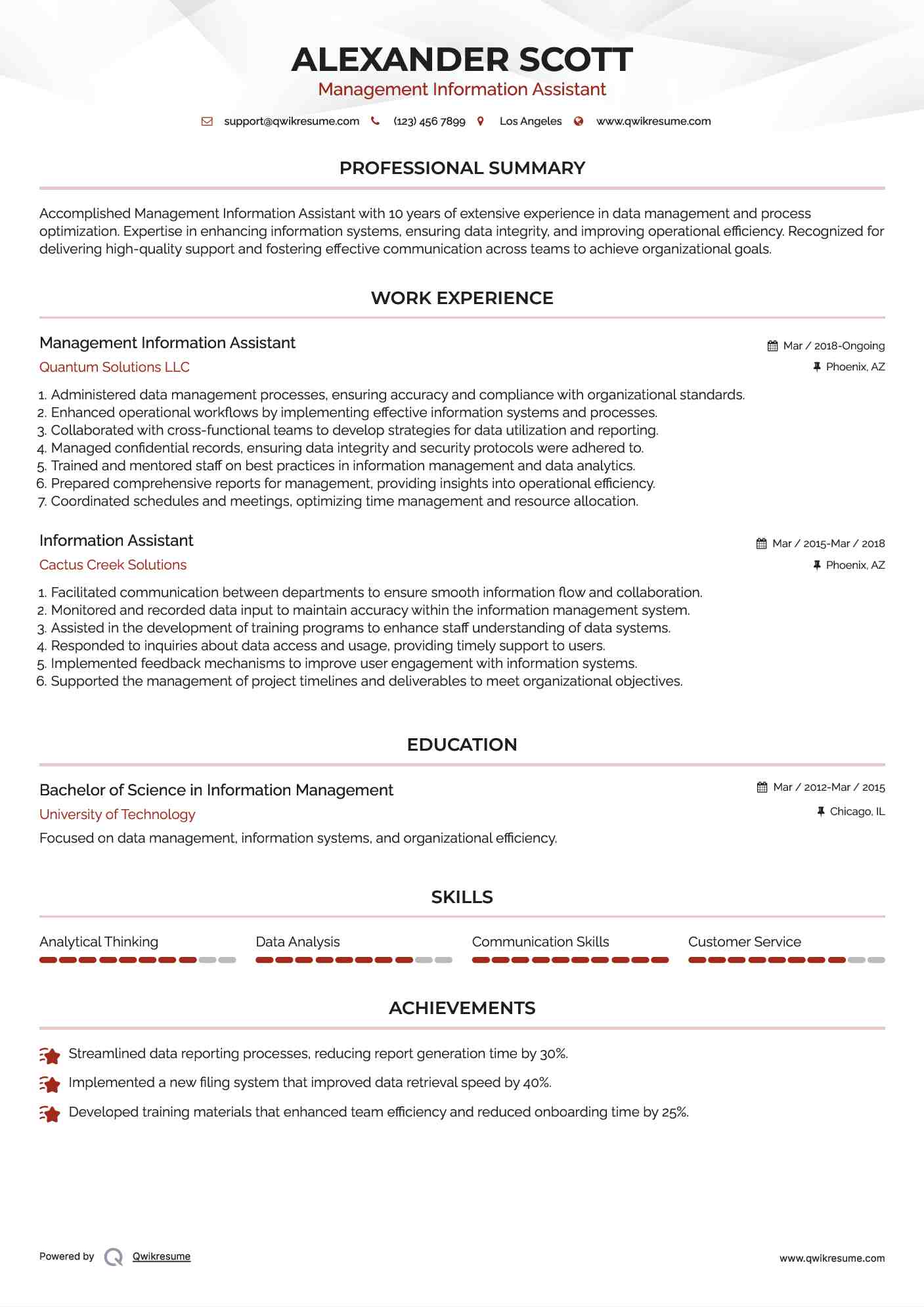 Management Information Assistant Resume Template