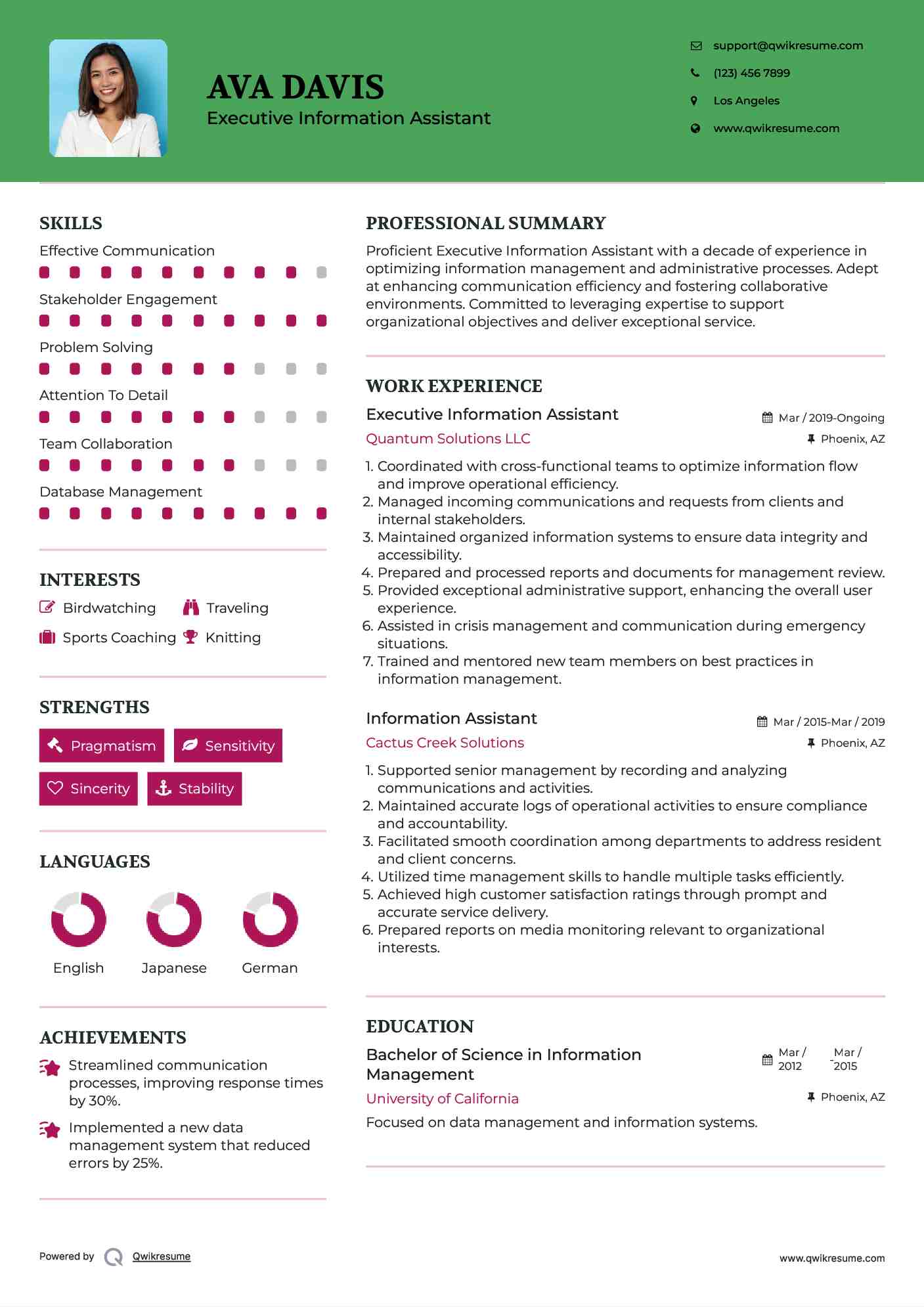 Executive Information Assistant Resume Sample