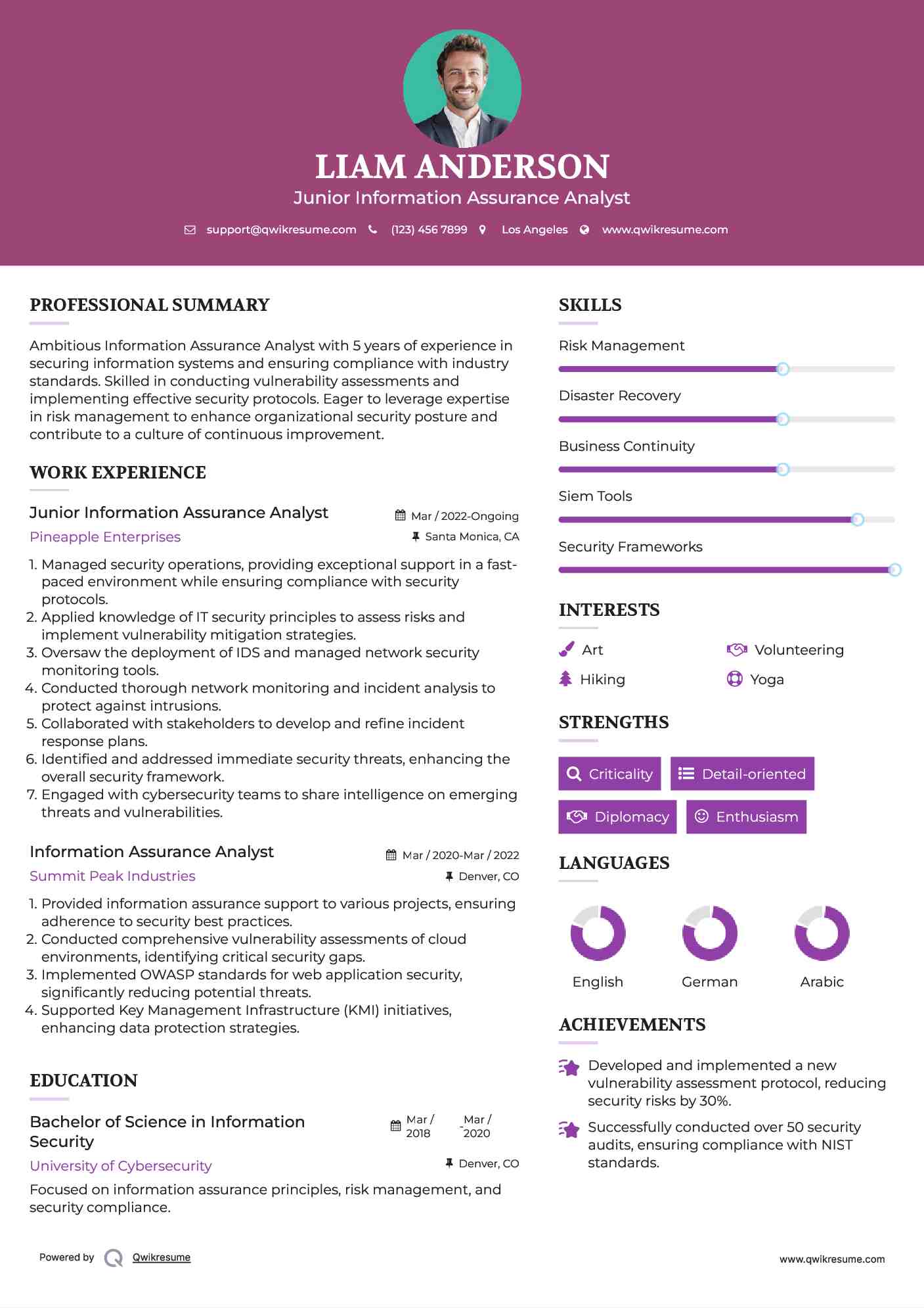 Junior Information Assurance Analyst Resume Example