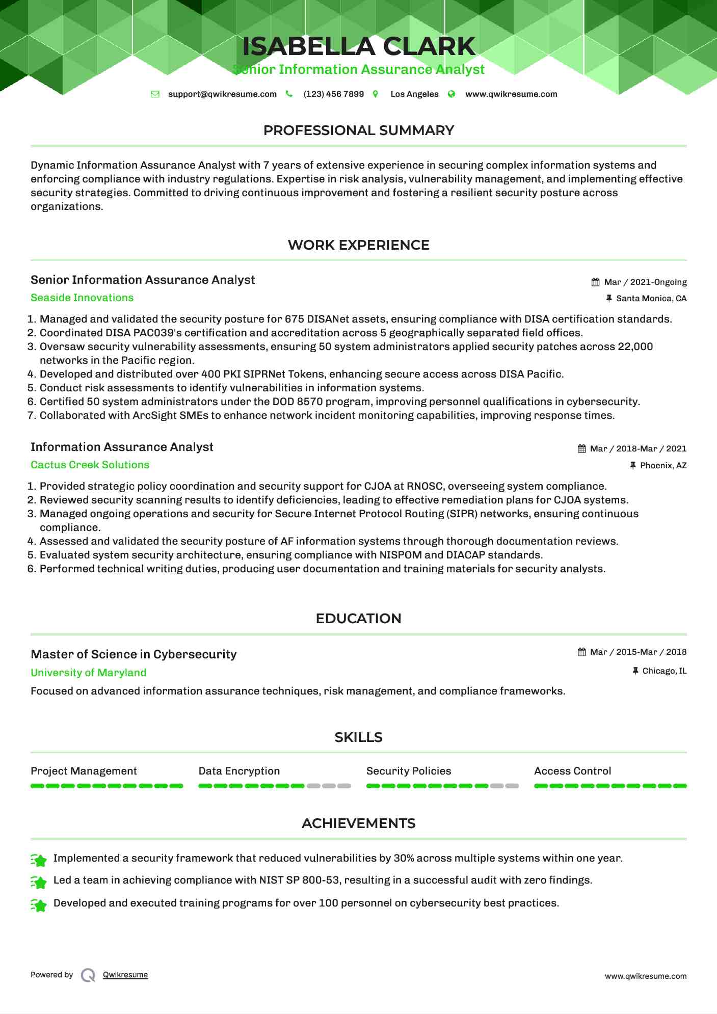 Senior Information Assurance Analyst Resume Template