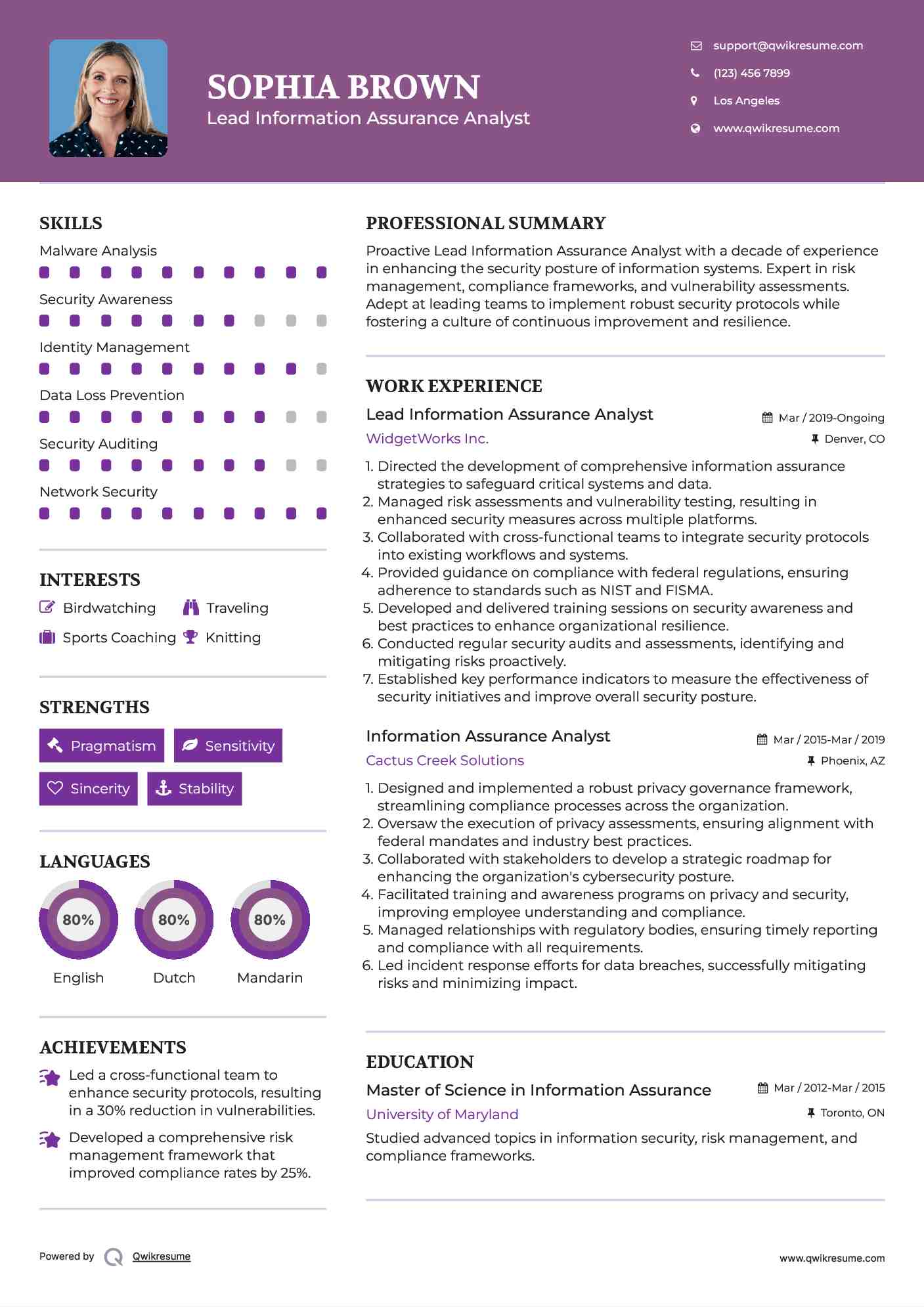 Lead Information Assurance Analyst Resume Example
