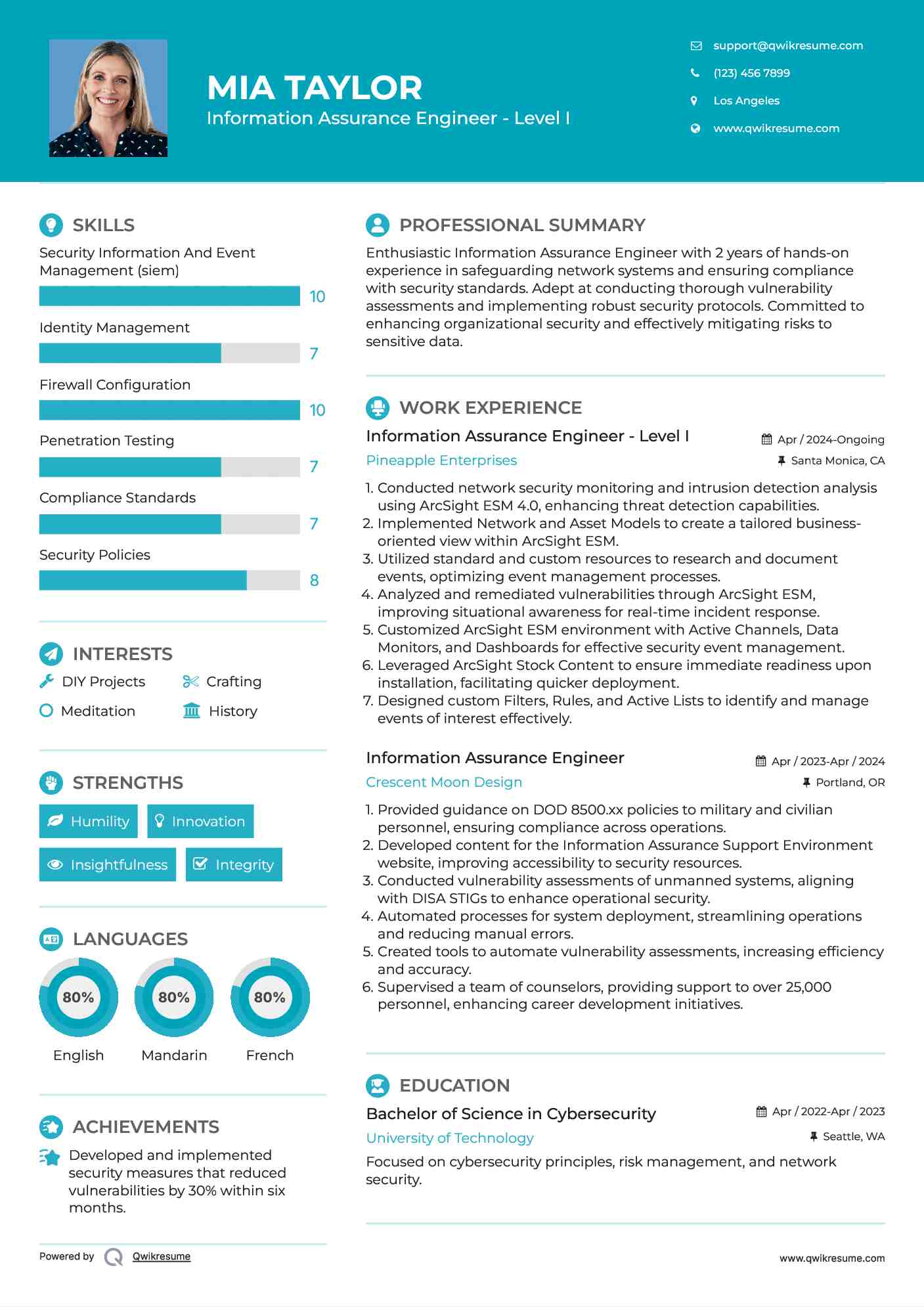 Information Assurance Engineer - Level I Resume Example