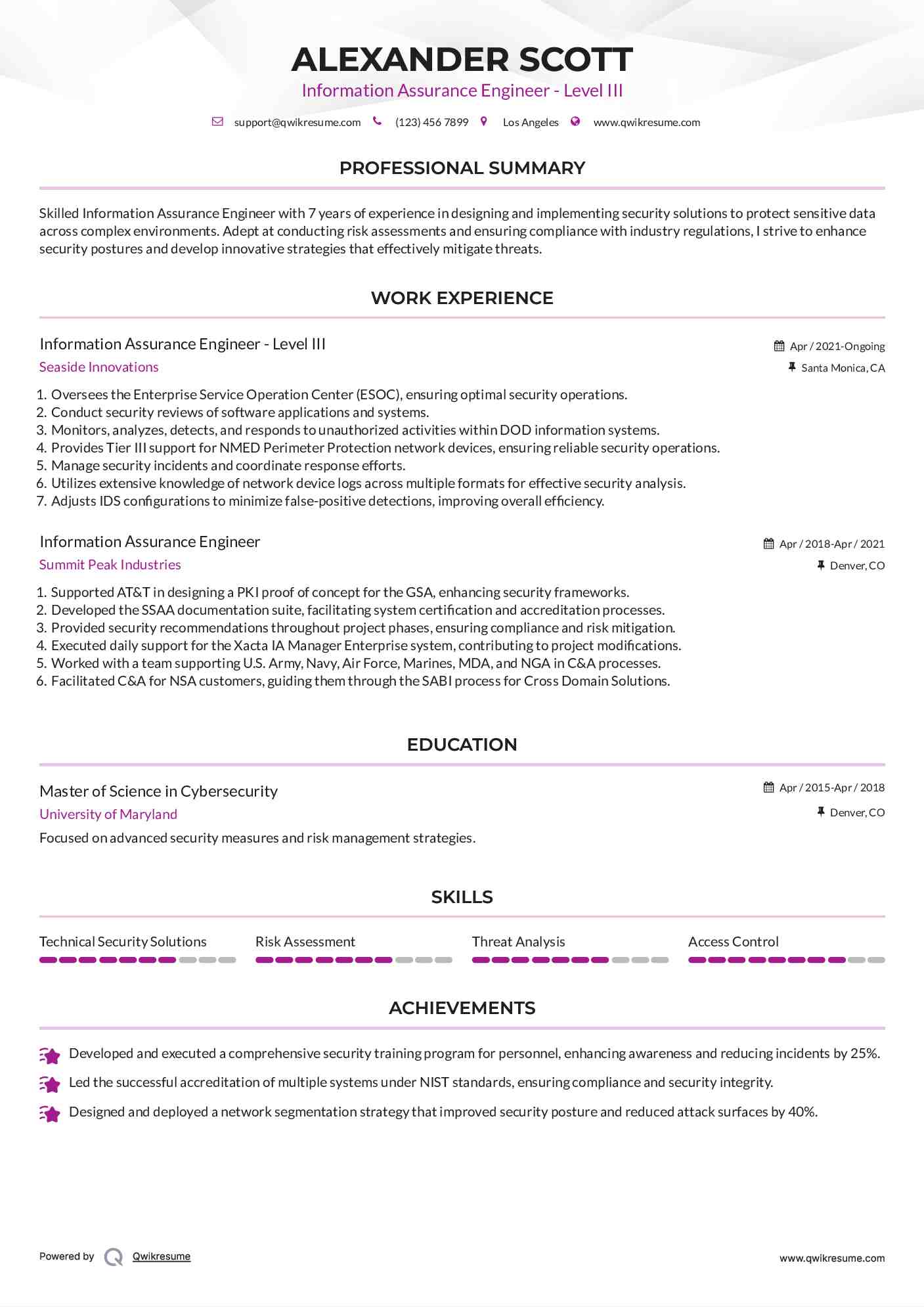 Information Assurance Engineer - Level III Resume Template