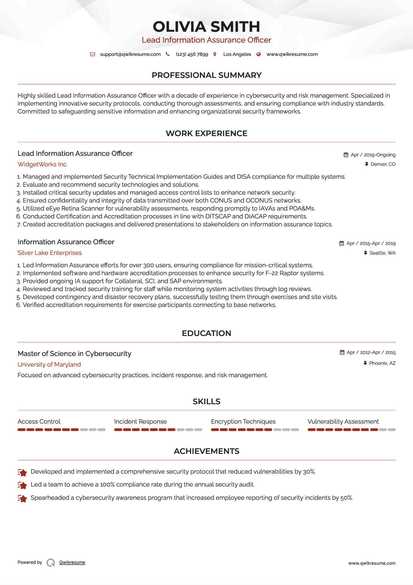 Lead Information Assurance Officer Resume Sample