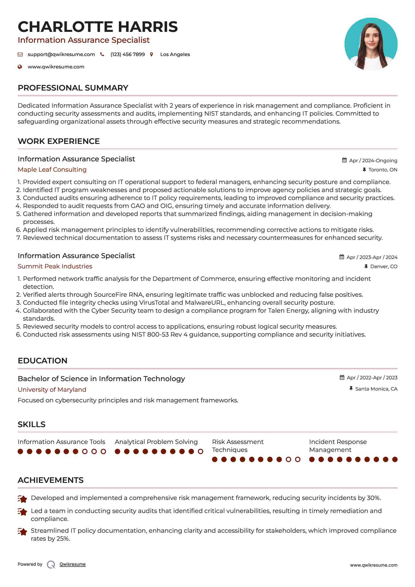 Information Assurance Specialist Resume Model