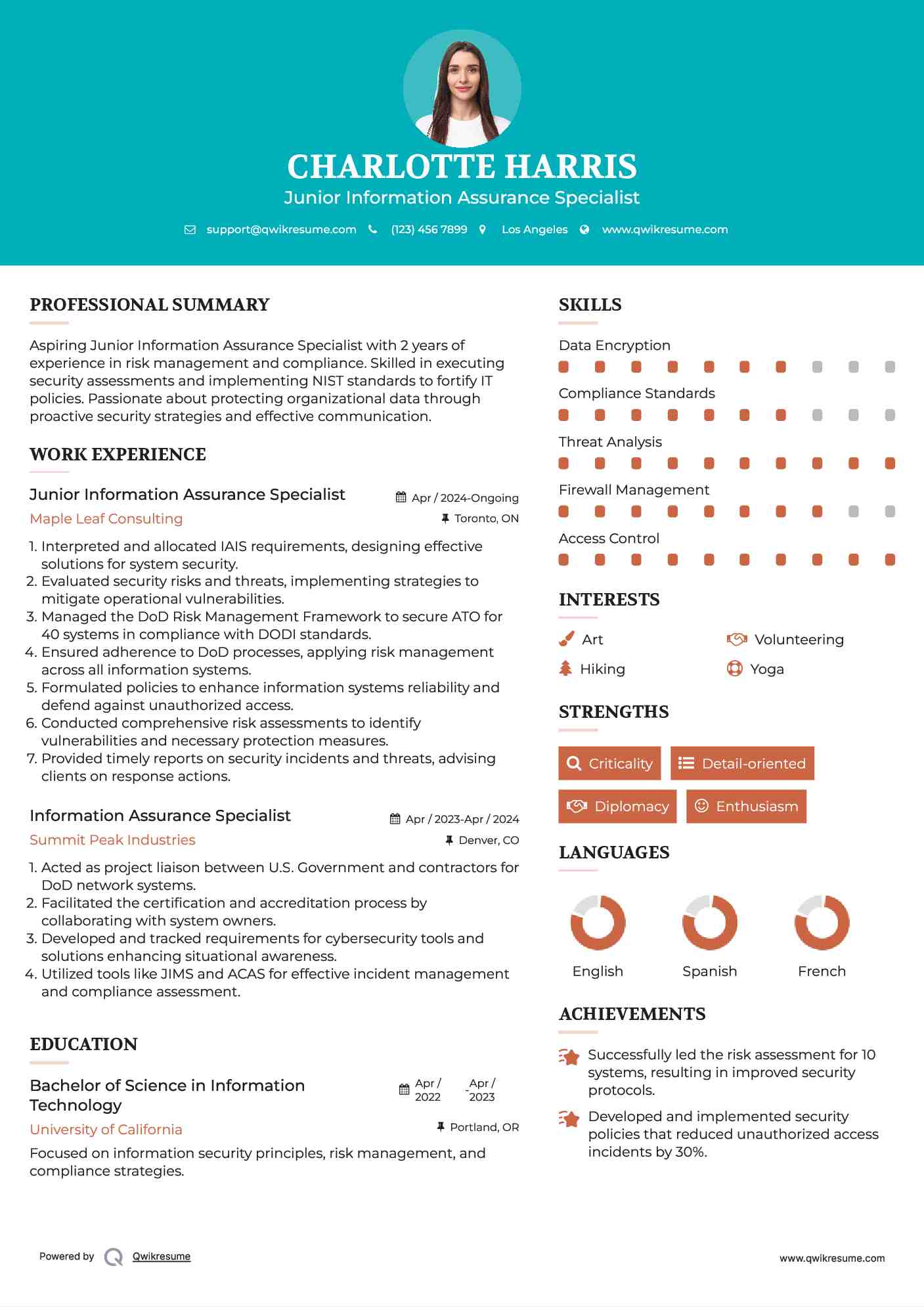 Junior Information Assurance Specialist Resume Example