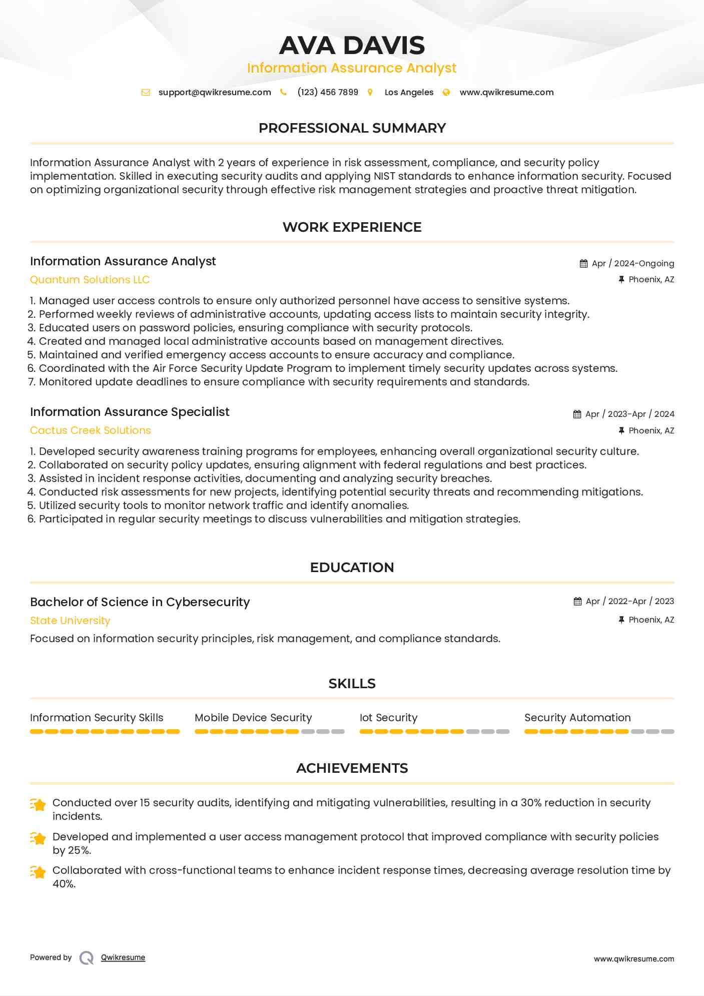 Information Assurance Analyst Resume Model