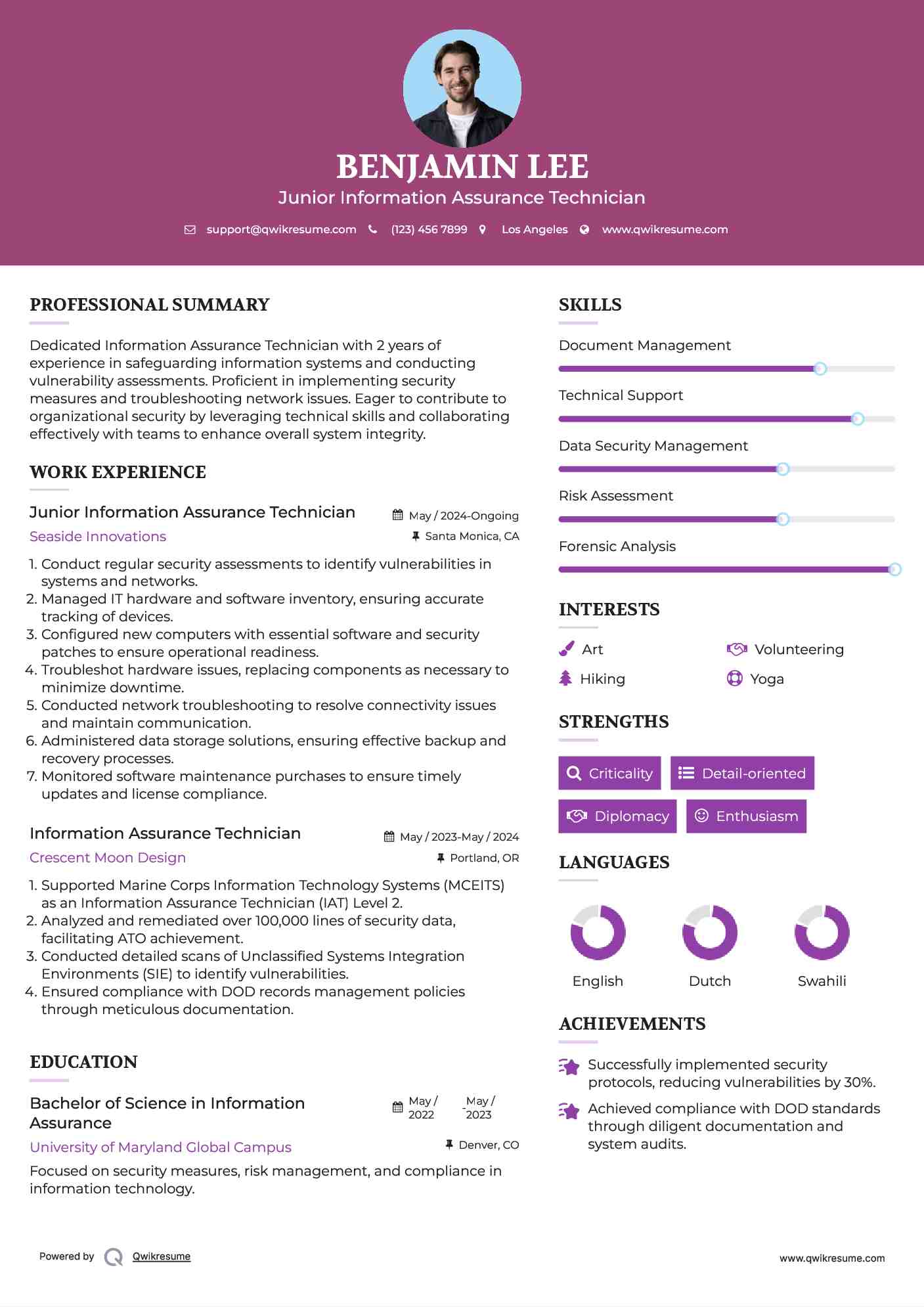 Junior Information Assurance Technician Resume Example