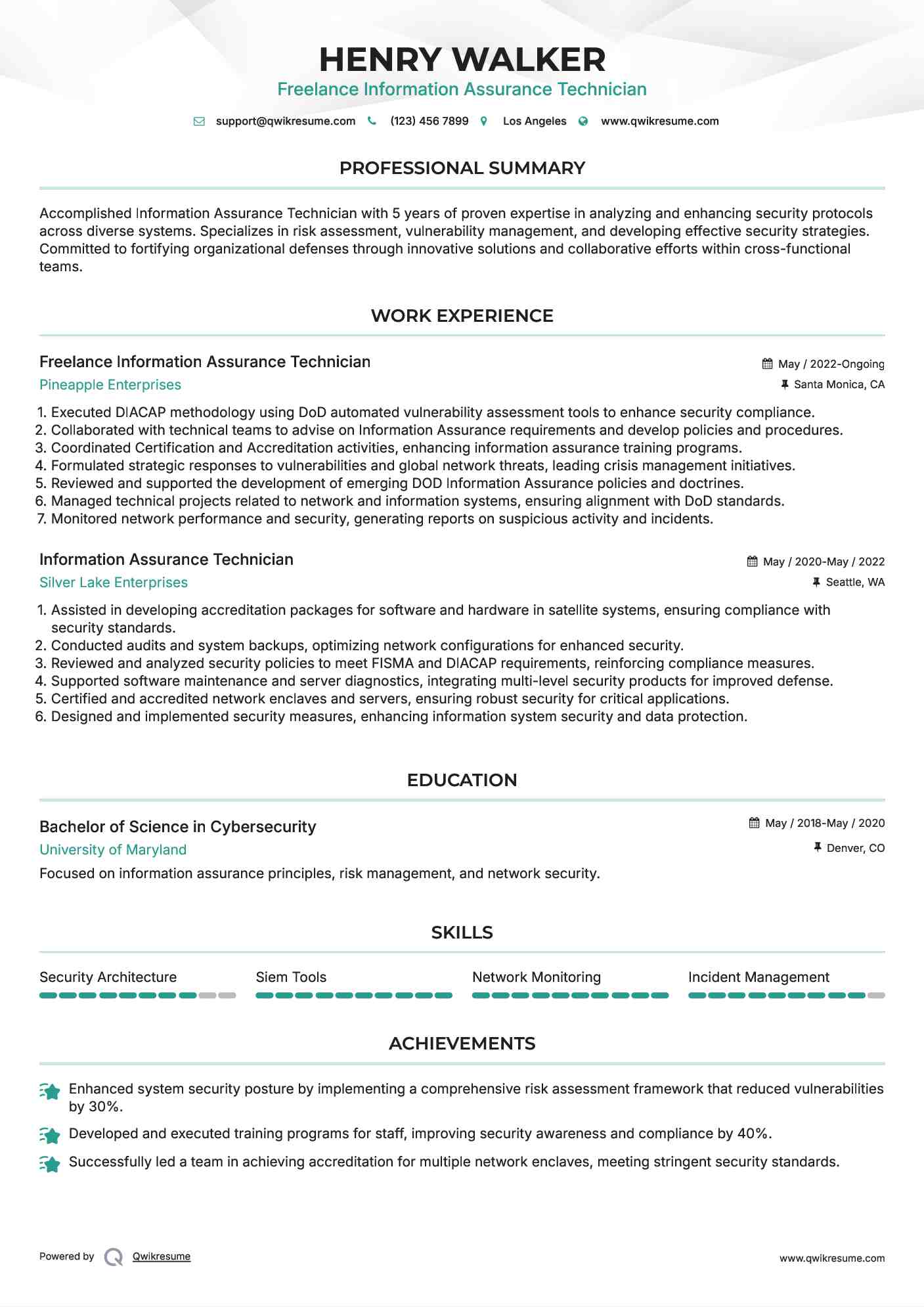 Freelance Information Assurance Technician Resume Format
