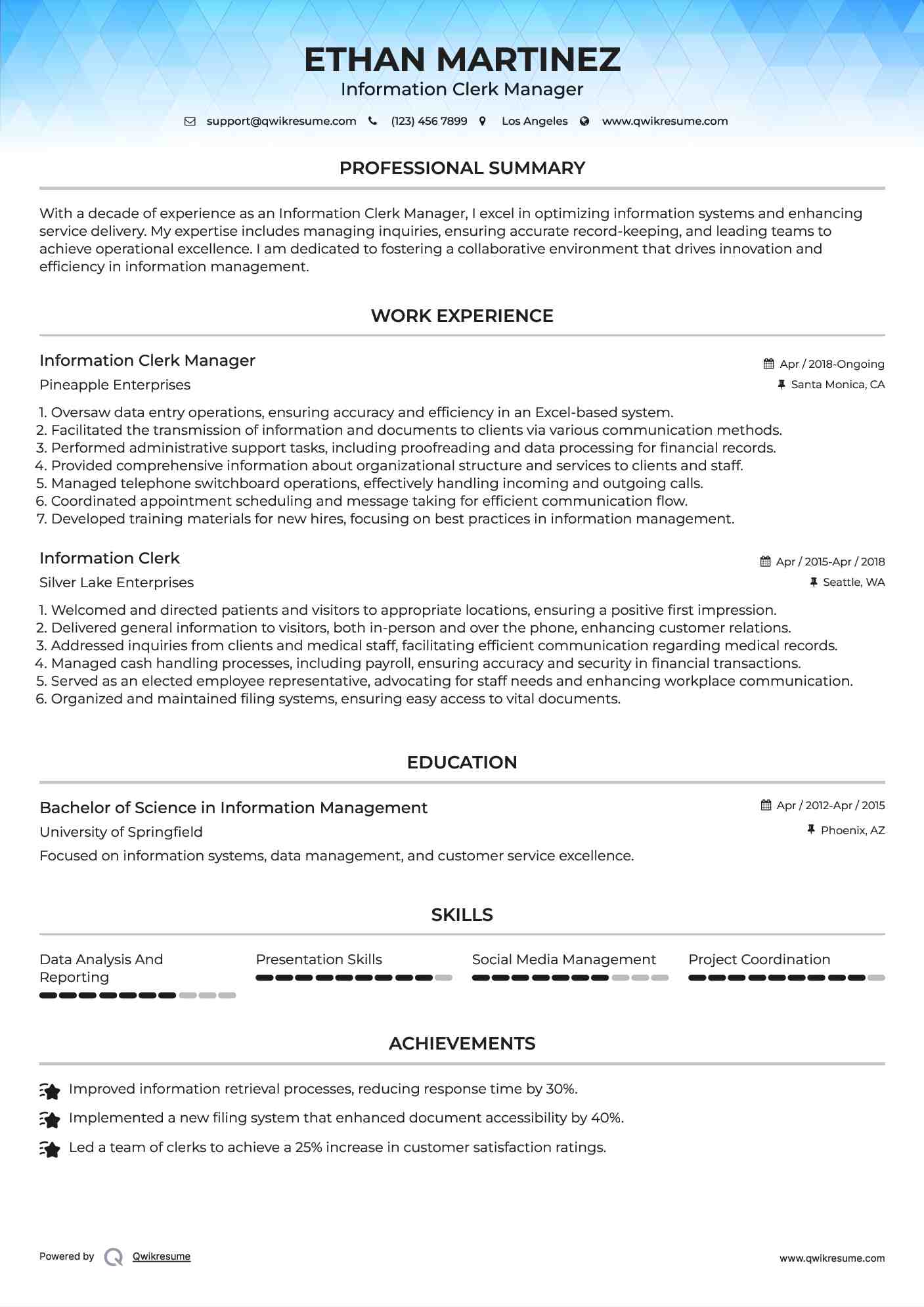 Information Clerk Manager Resume Example