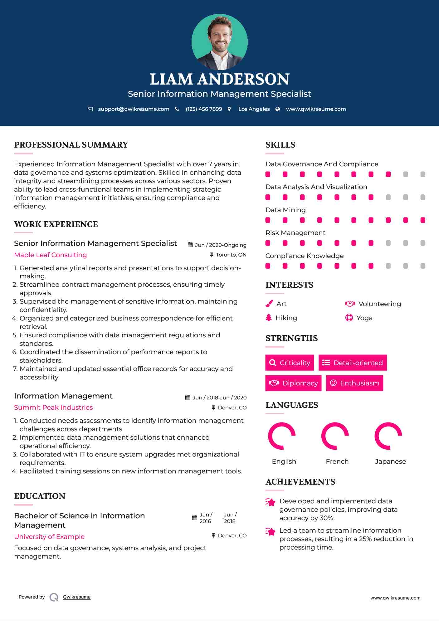 Senior Information Management Specialist Resume Format