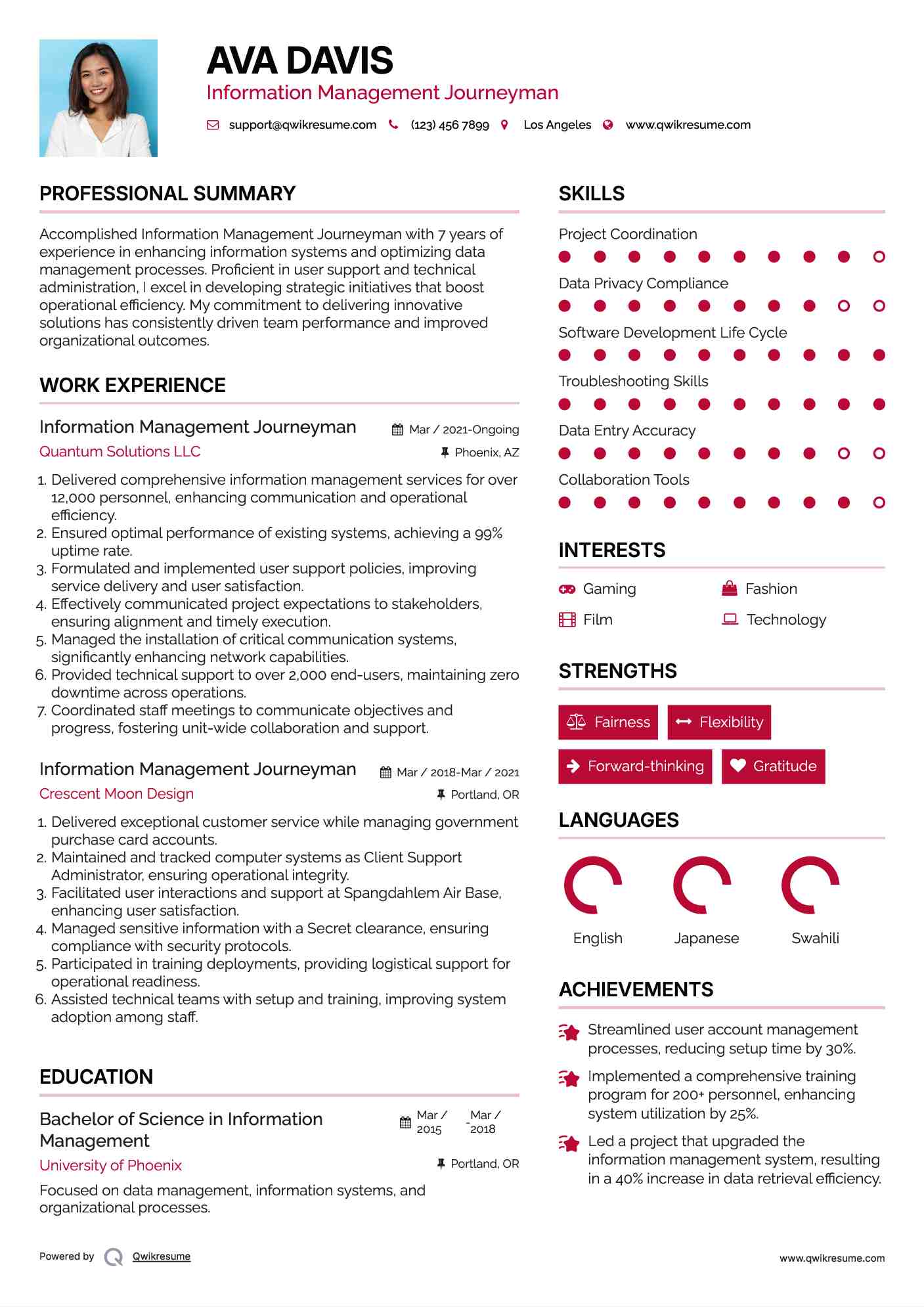 Information Management Journeyman Resume Format