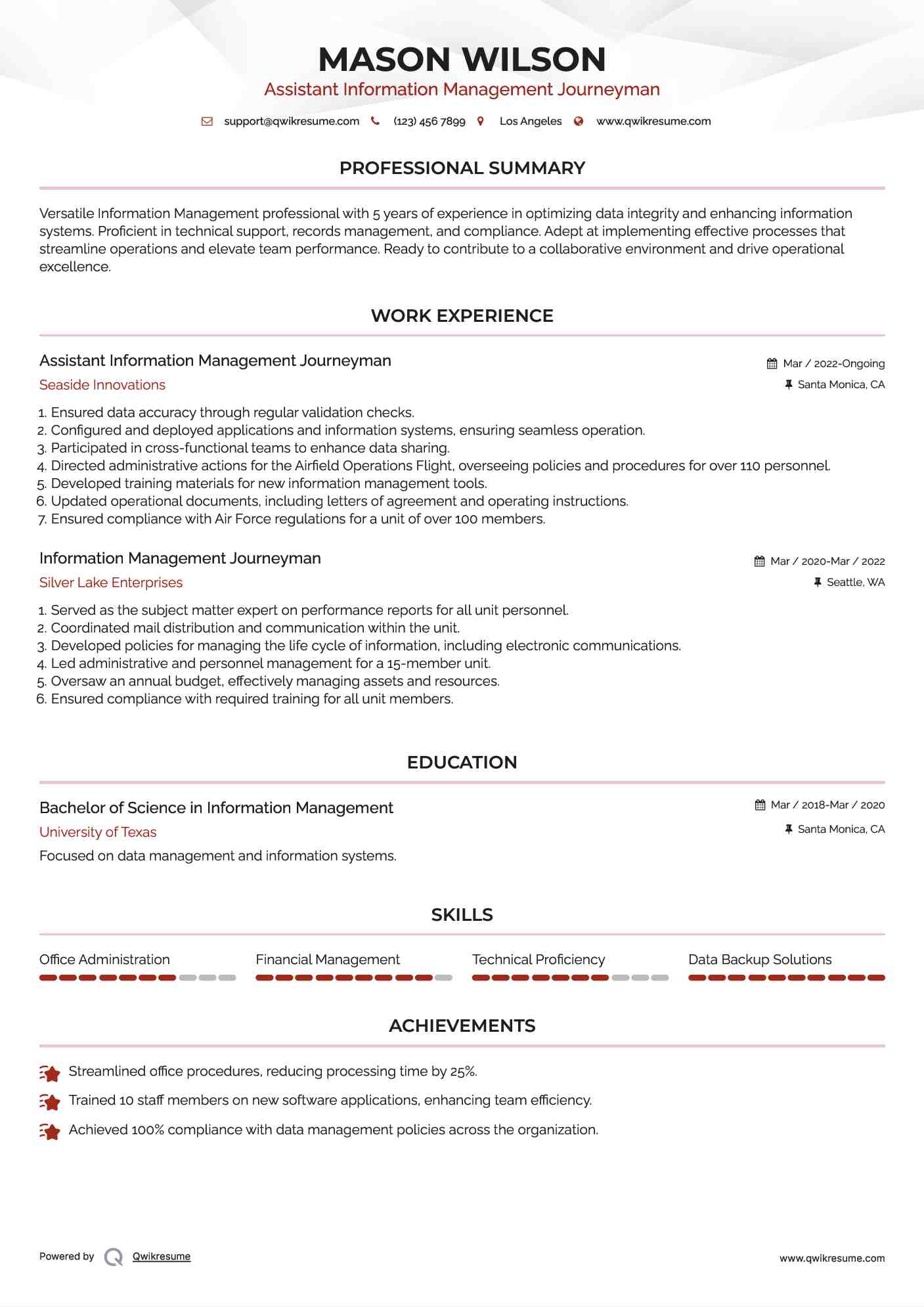 Assistant Information Management Journeyman Resume Format