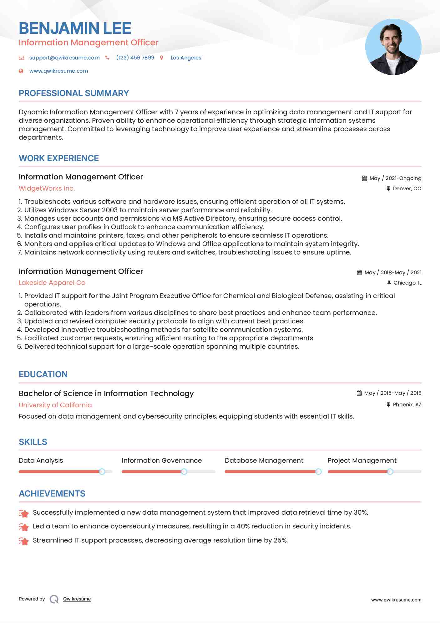 Information Management Officer Resume Model