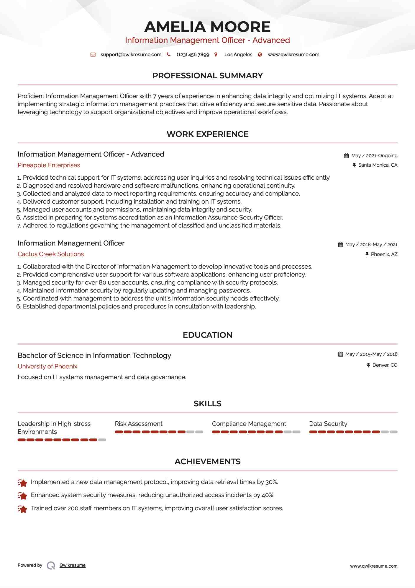 Information Management Officer - Advanced Resume Template