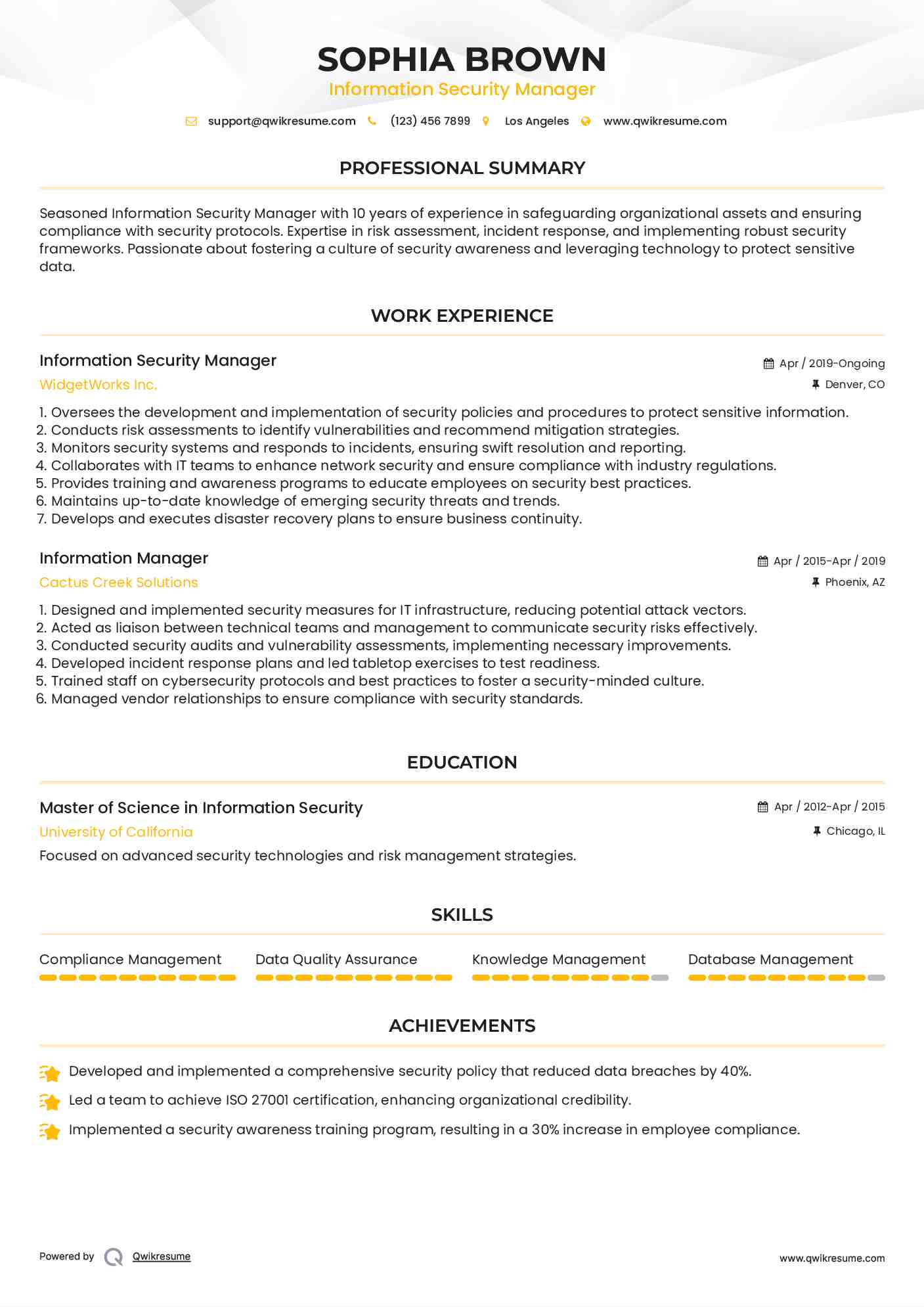 Information Security Manager Resume Format