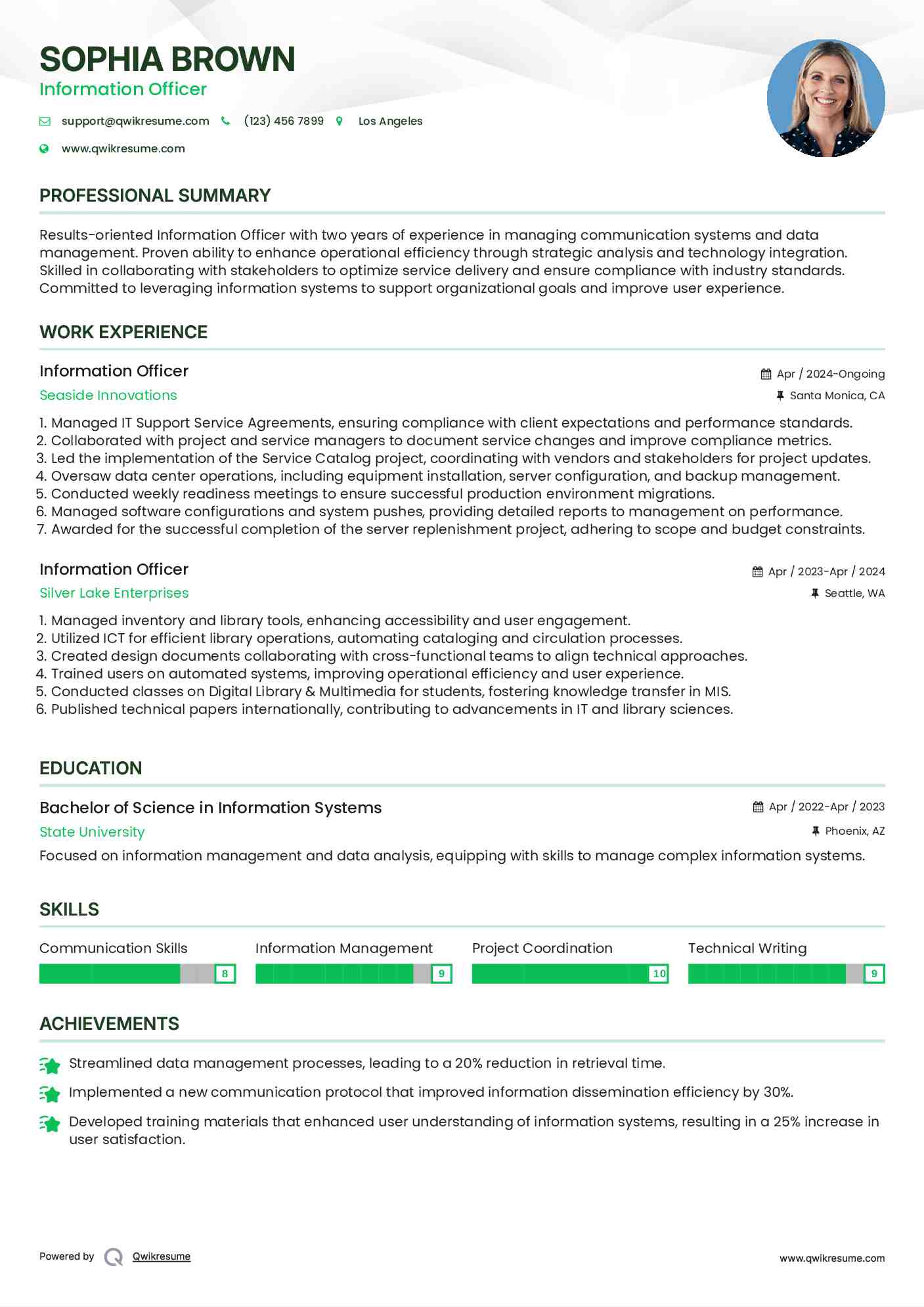 Information Officer Resume Sample