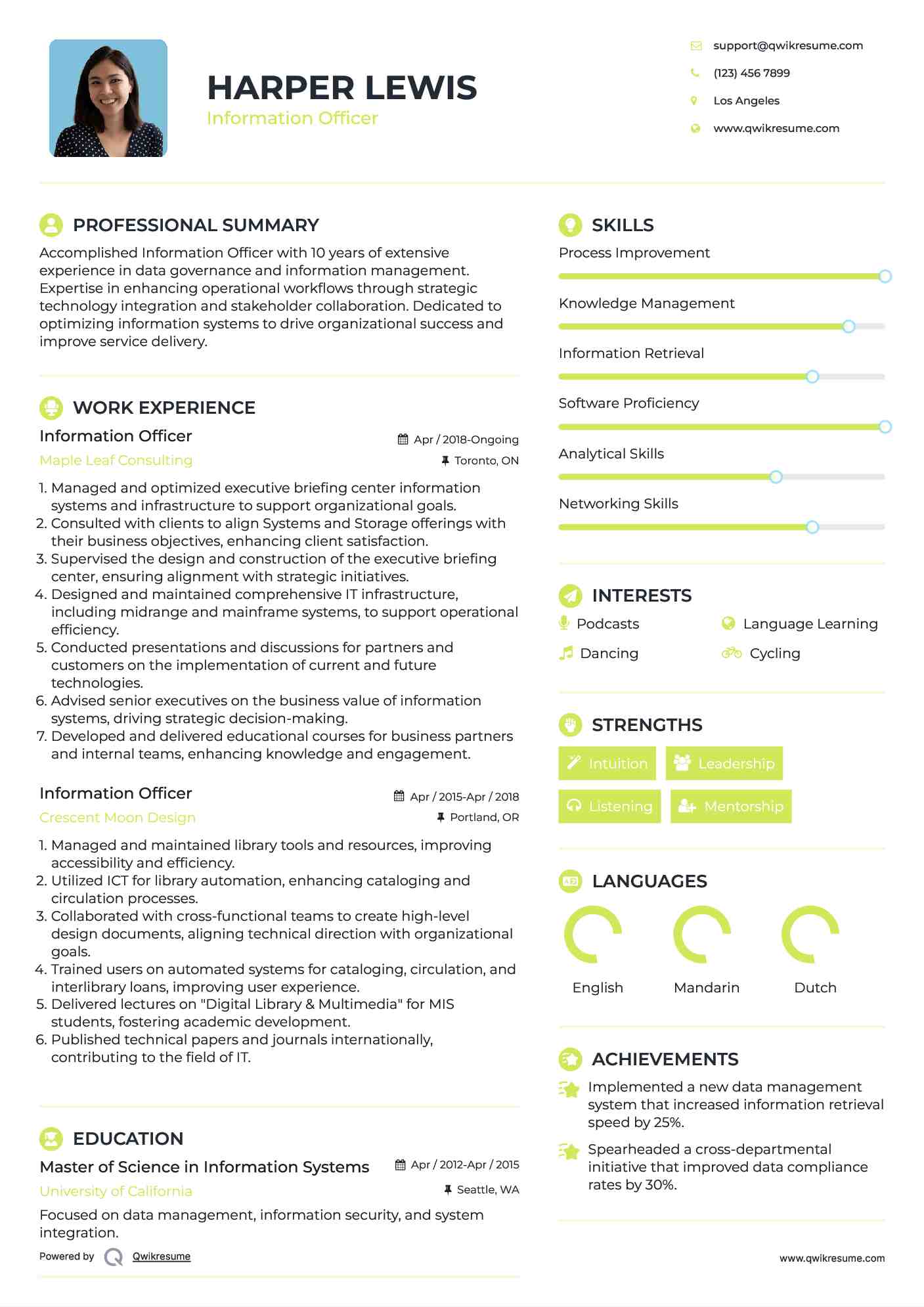 Information Officer Resume Model
