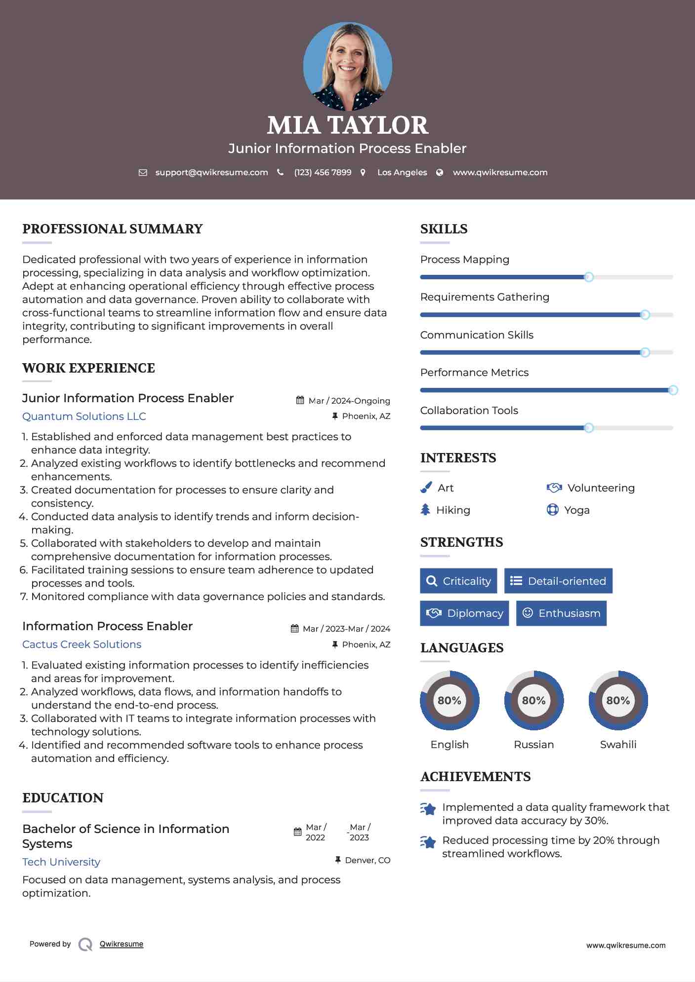 Junior Information Process Enabler Resume Example