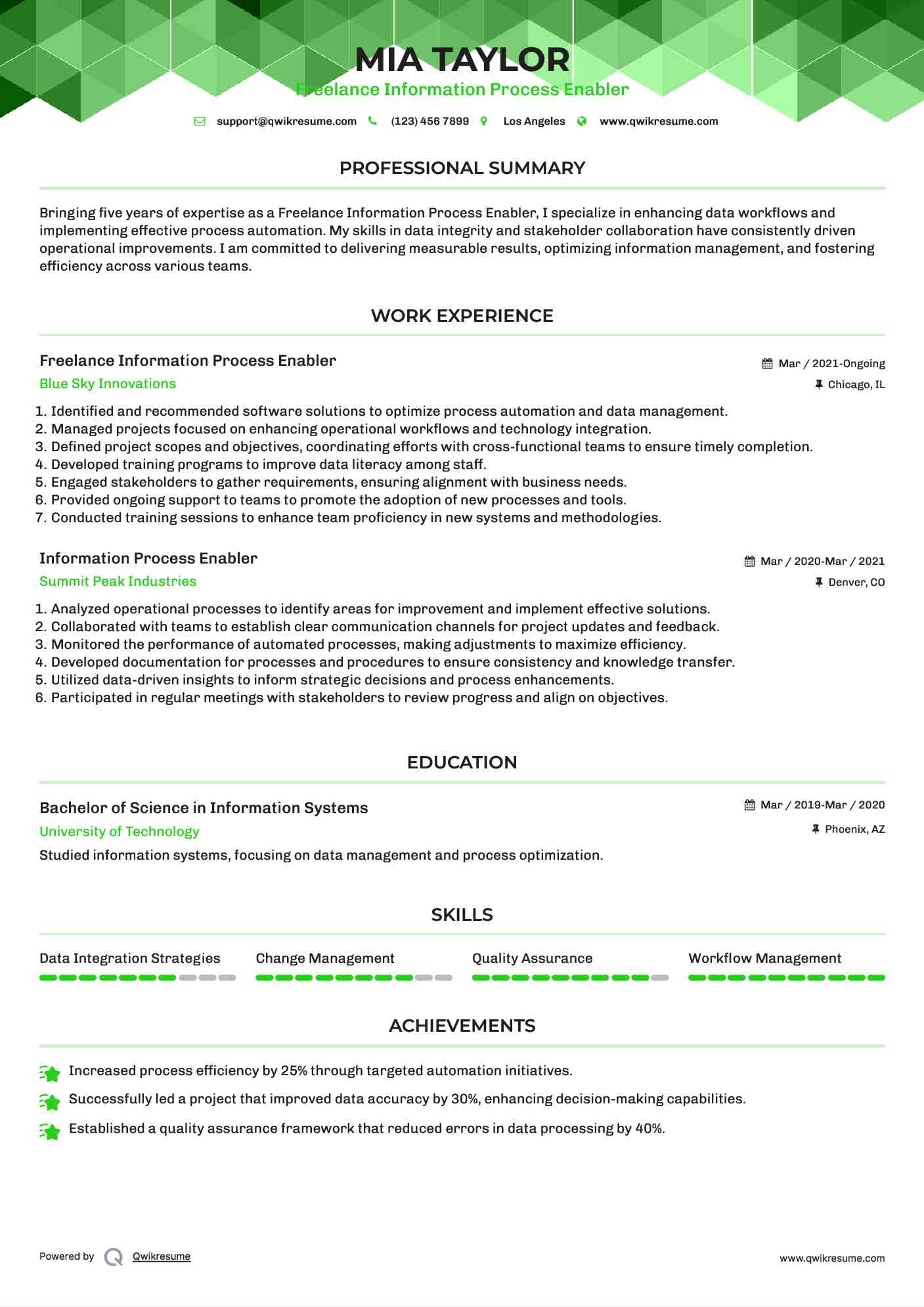 Freelance Information Process Enabler Resume Sample