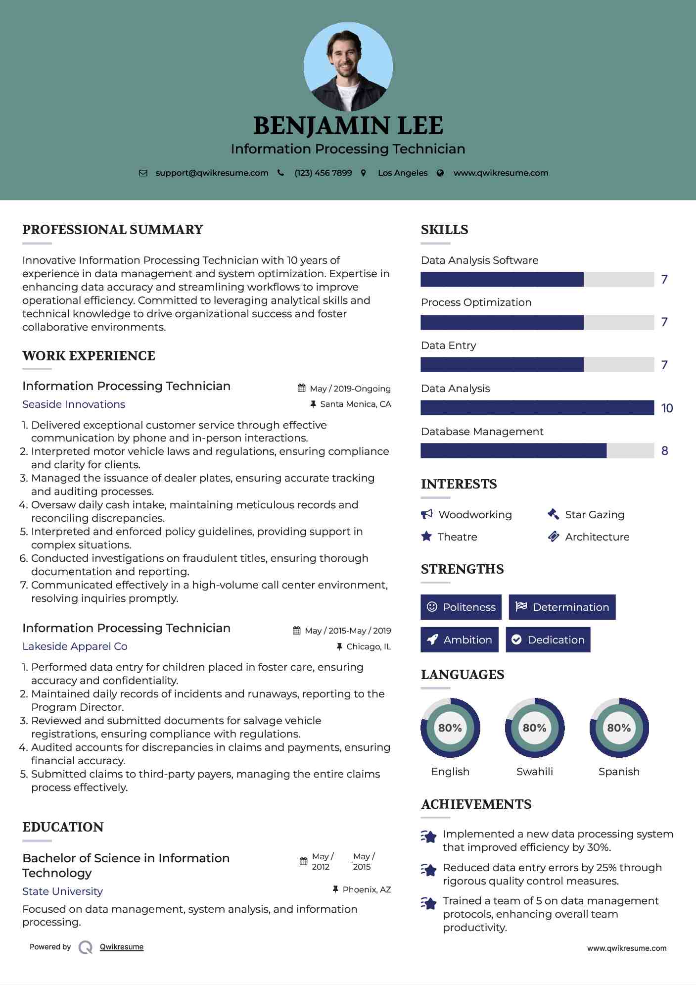Information Processing Technician Resume Example