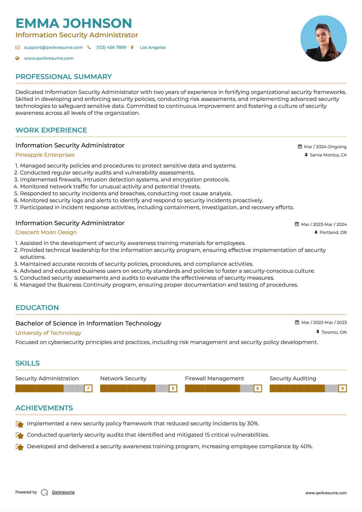 Information Security Administrator Resume Example
