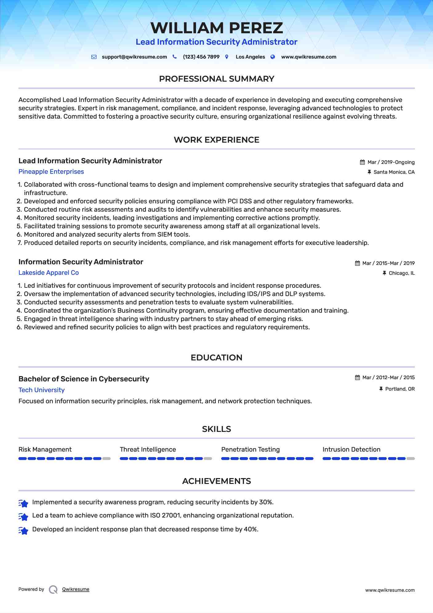Lead Information Security Administrator Resume Format