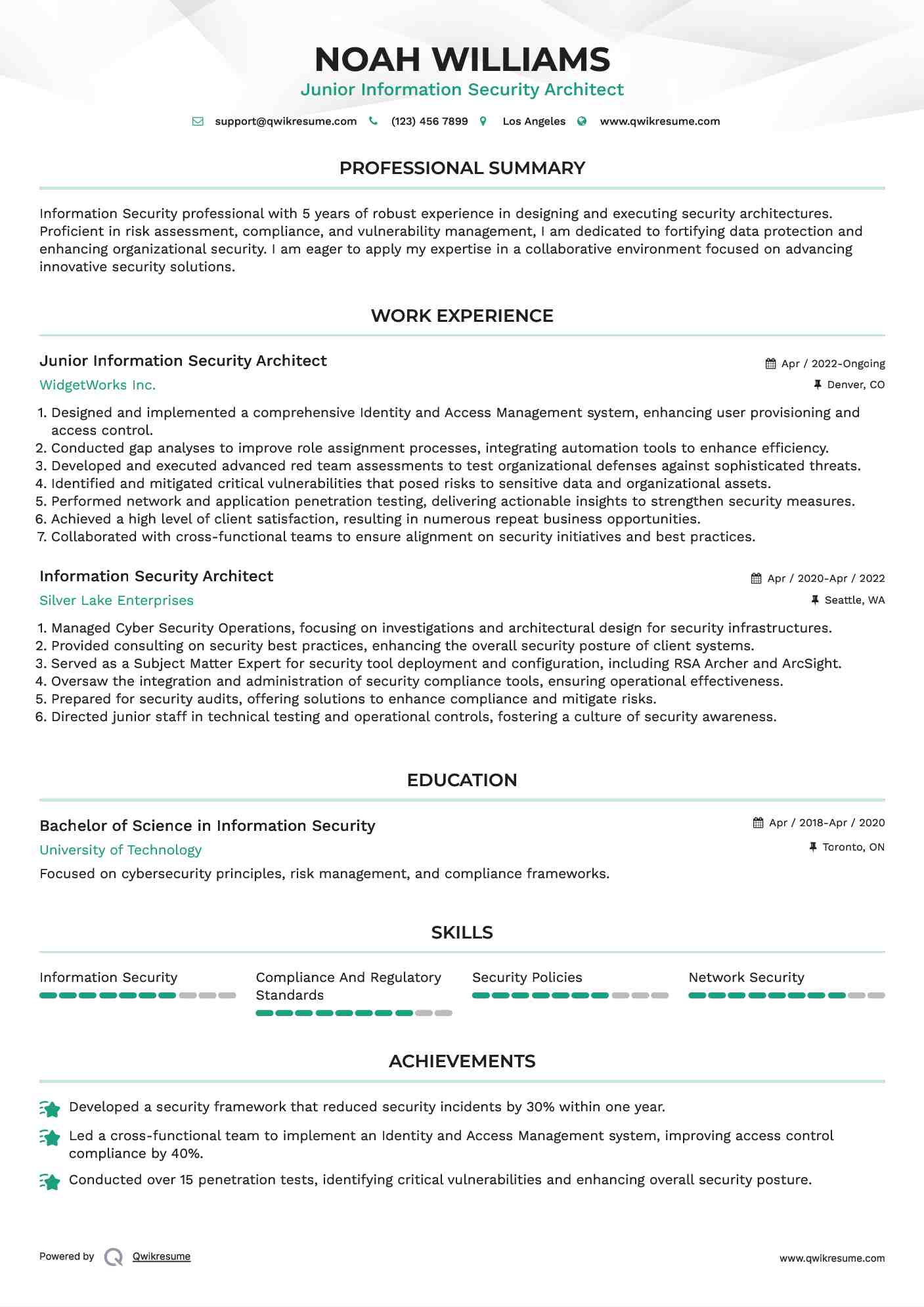 Junior Information Security Architect Resume Sample