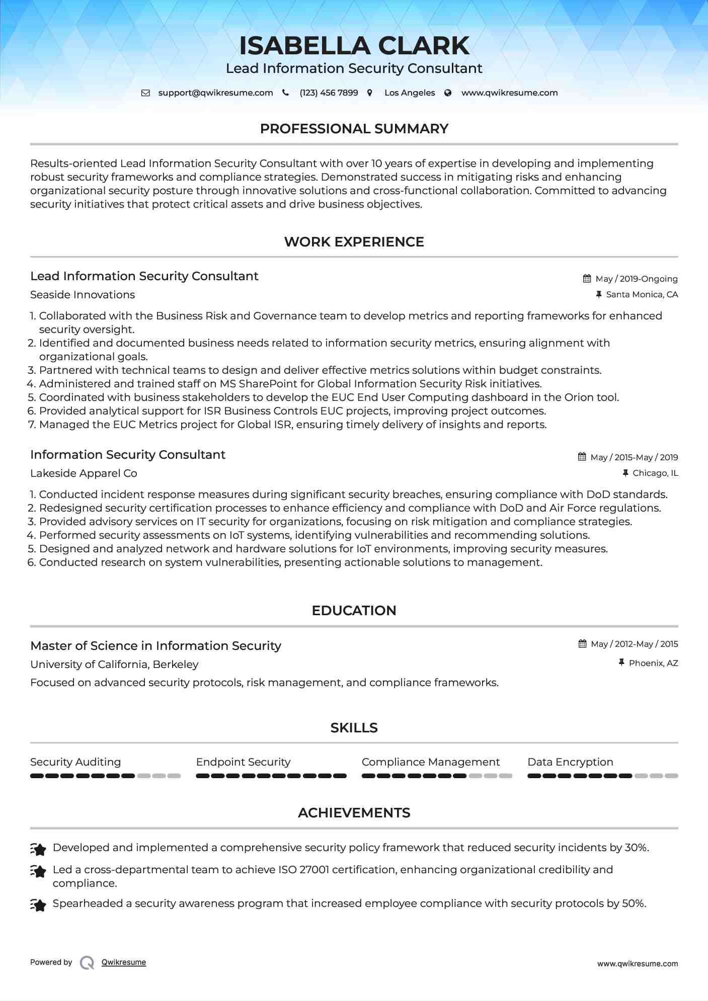 Lead Information Security Consultant Resume Example