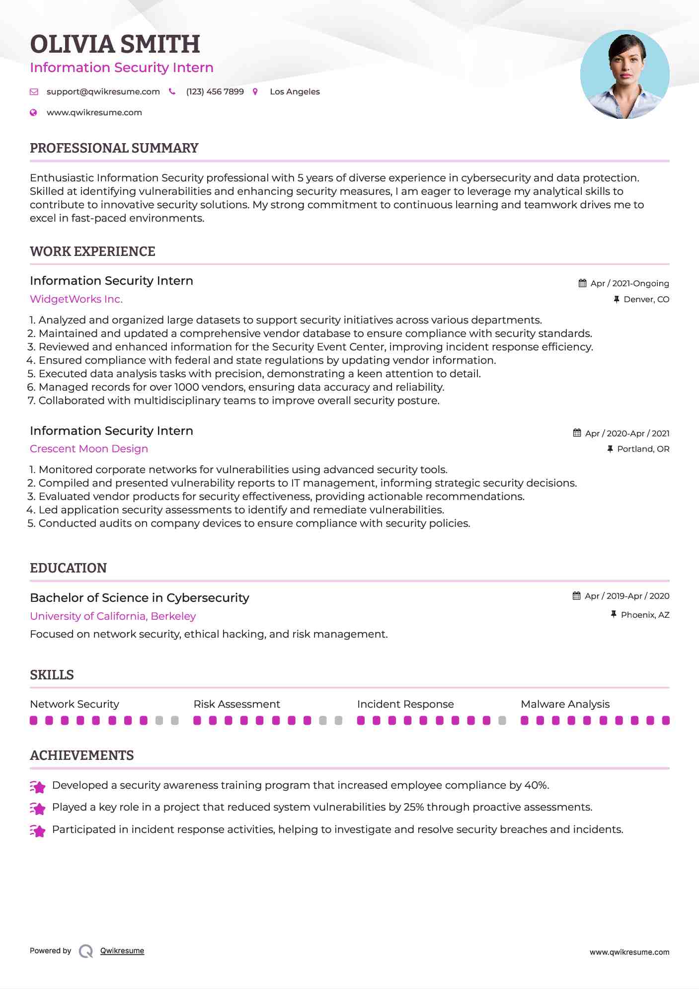 Information Security Intern Resume Template