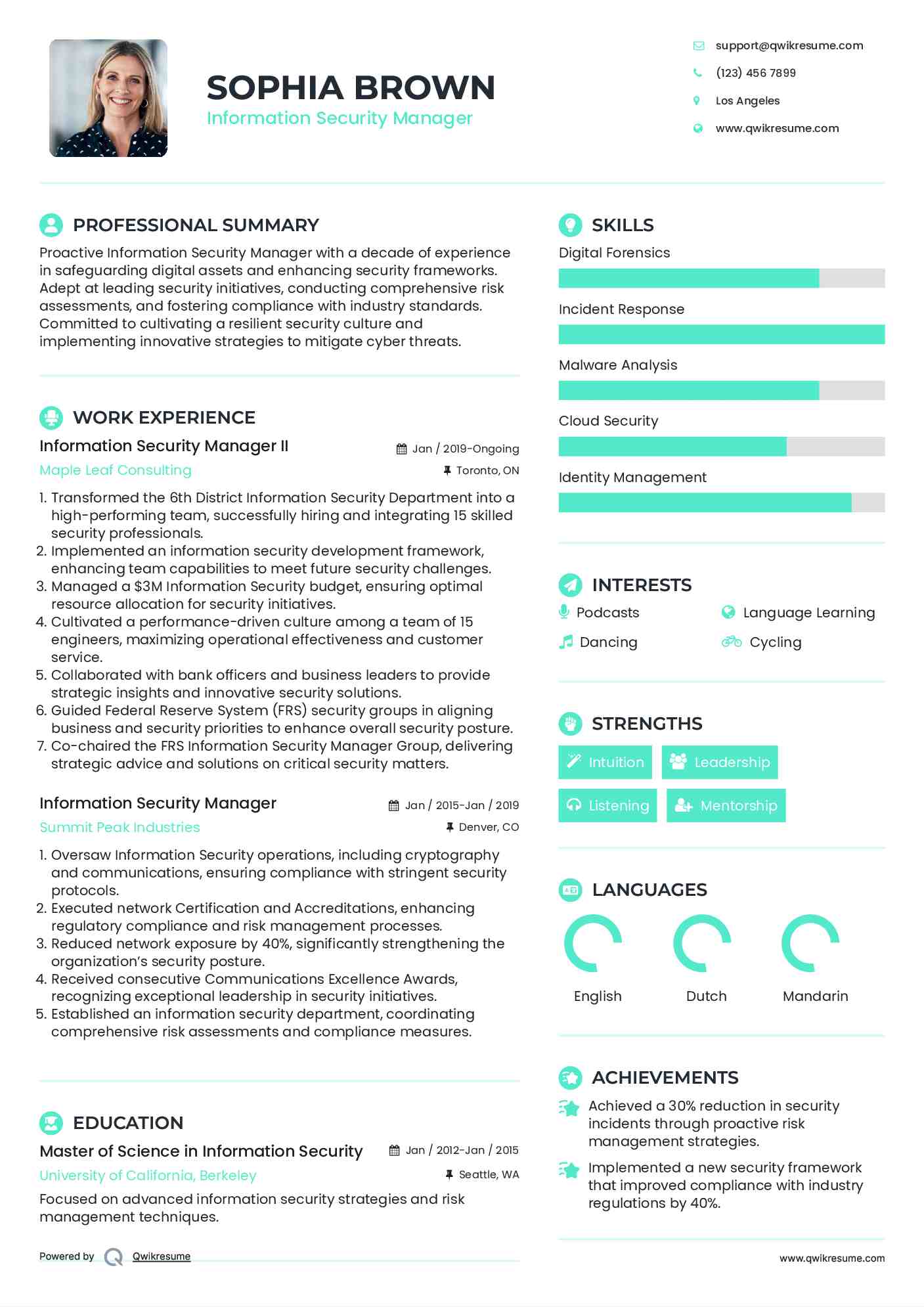 Information Security Manager II Resume Template